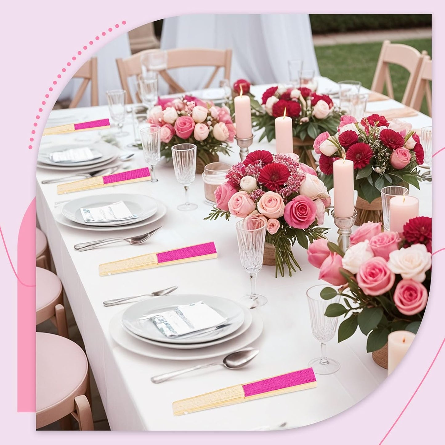 JOHOUSE 12 Pcs Paper Folding Hand Fans, 8.3 Inch Dark Pink Paper Fans Handheld Portable for Wedding, Outdoor Party Favors, Bridal Shower DIY Crafts Photography Prop Pink Party Decorations