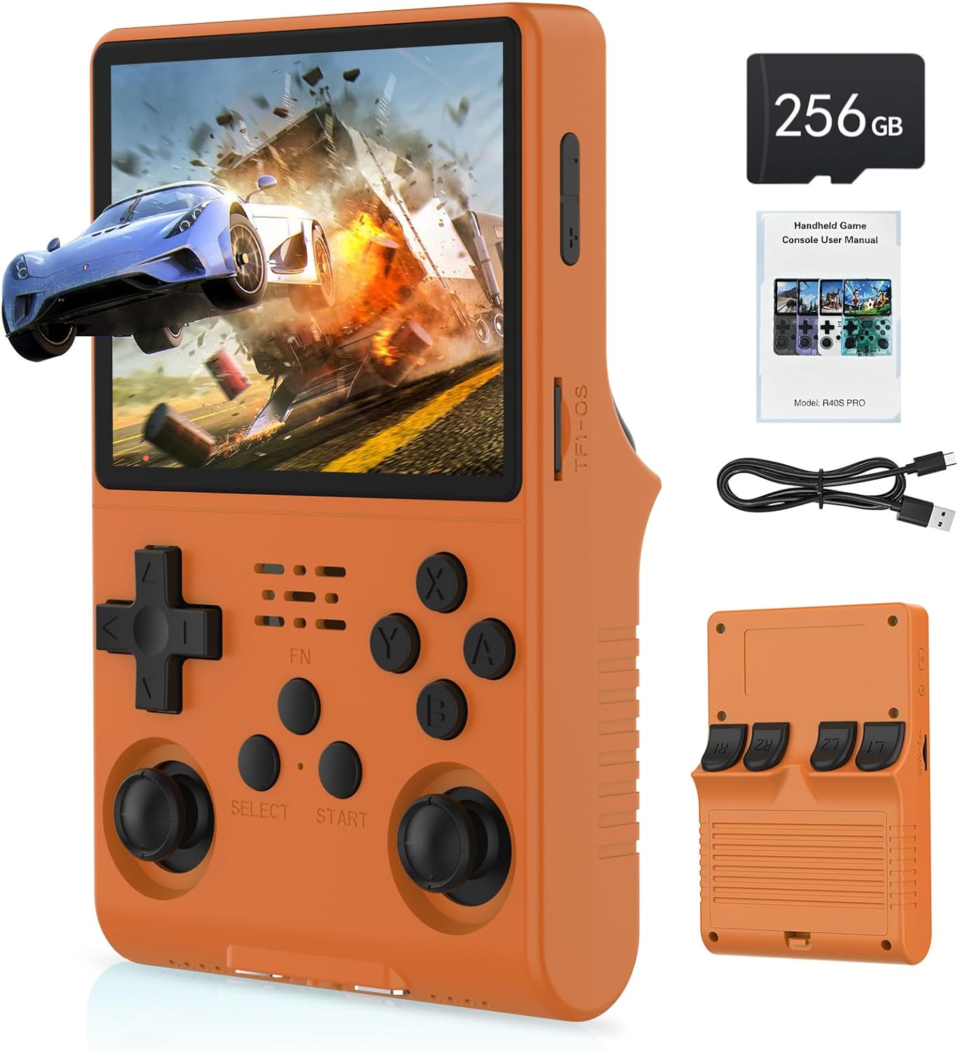FVBADE[30000 in 1] R40S PRO Handheld Game Console 3.5 inch IPS Screen Mini Retro Console 3800mAh Portable Pocket Arcade 45+ Mainstream Emulator 256G TF Card Transparent.(Orange)