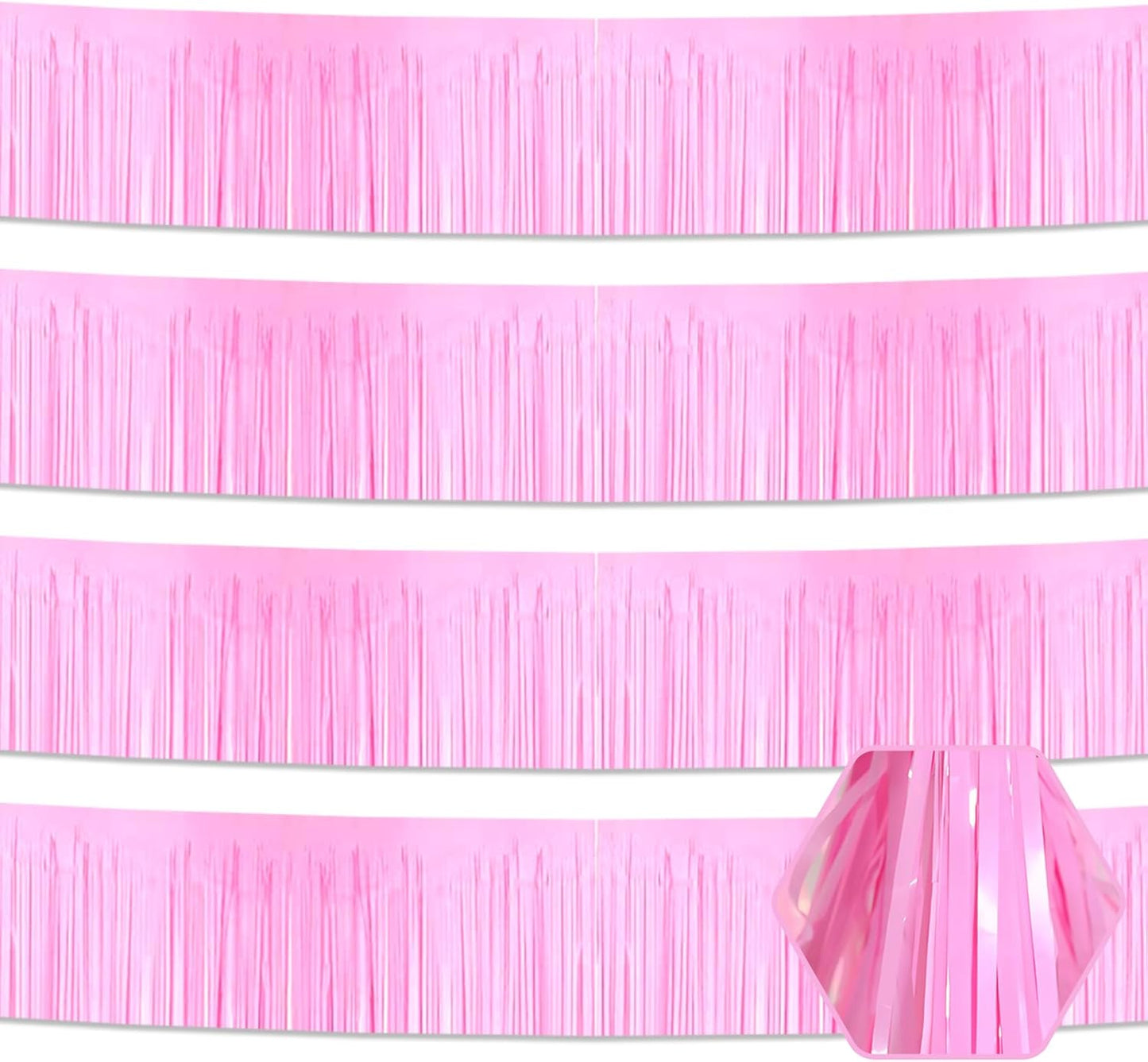 4 Pack 10 Feet Macaron Pink Foil Fringe Garland Metallic Tinsel Streamers Banner Wall Hanging Curtain Backdrop for Parade Floats, Wedding, Graduate, Mother's Day, Birthday Party Decoration