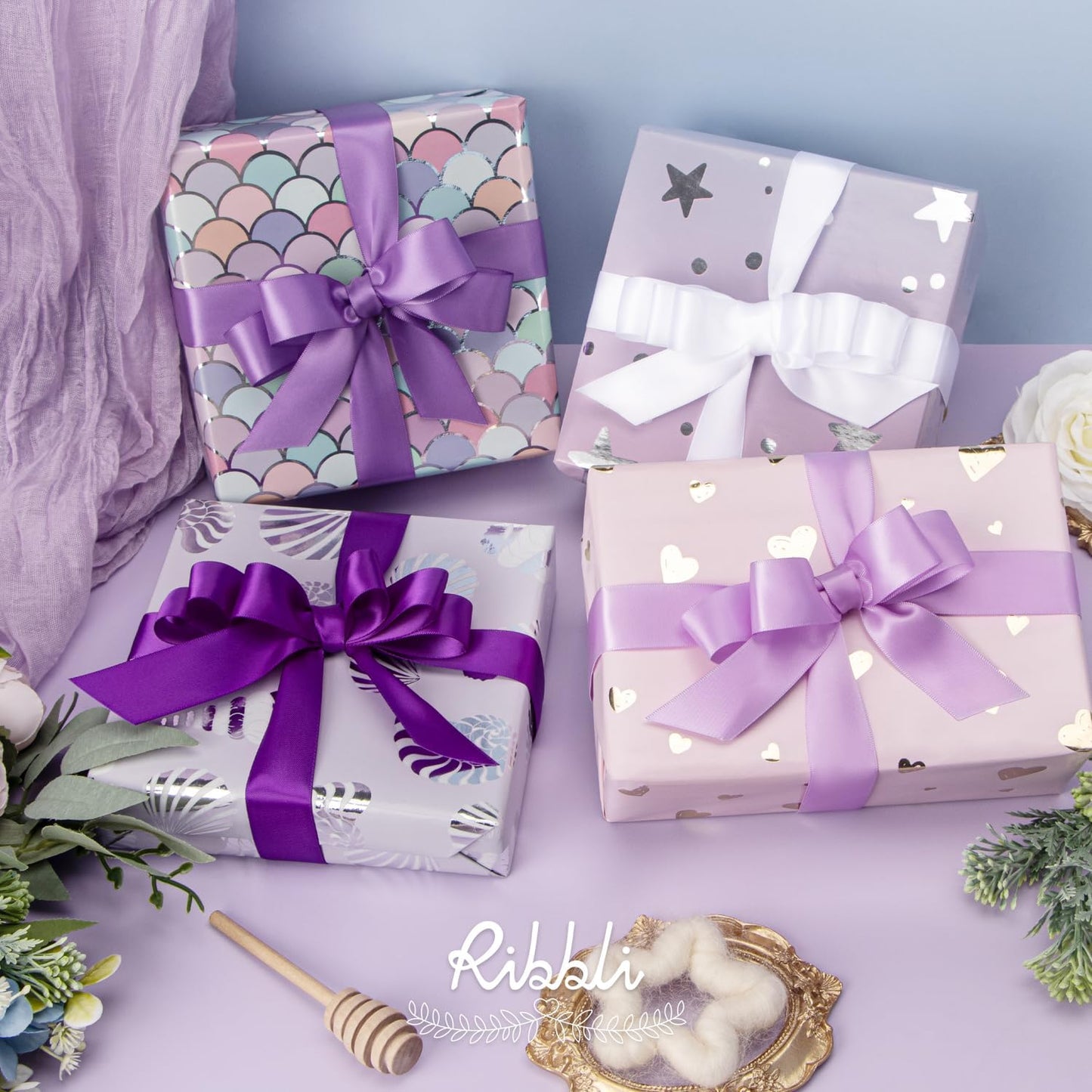 Ribbli Purple Satin Ribbon 1 Inch x 4 Rolls Total 40 Yards-White Lavender Purple Ribbon for Gift Wrapping Craft Wedding Decoration