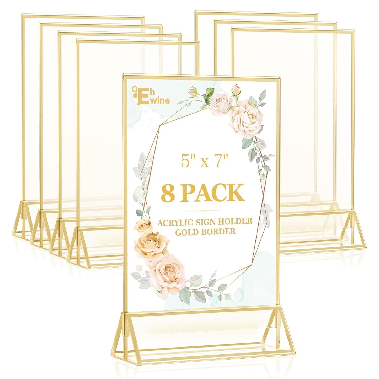 EHWINE 8 Pack 5×7 Clear Acrylic Sign Holder with Gold Borders and Vertical Stand, Double Sided Table Menu Holders Picture Frames for Wedding Table Numbers, Restaurant Signs, Photos and Art Display