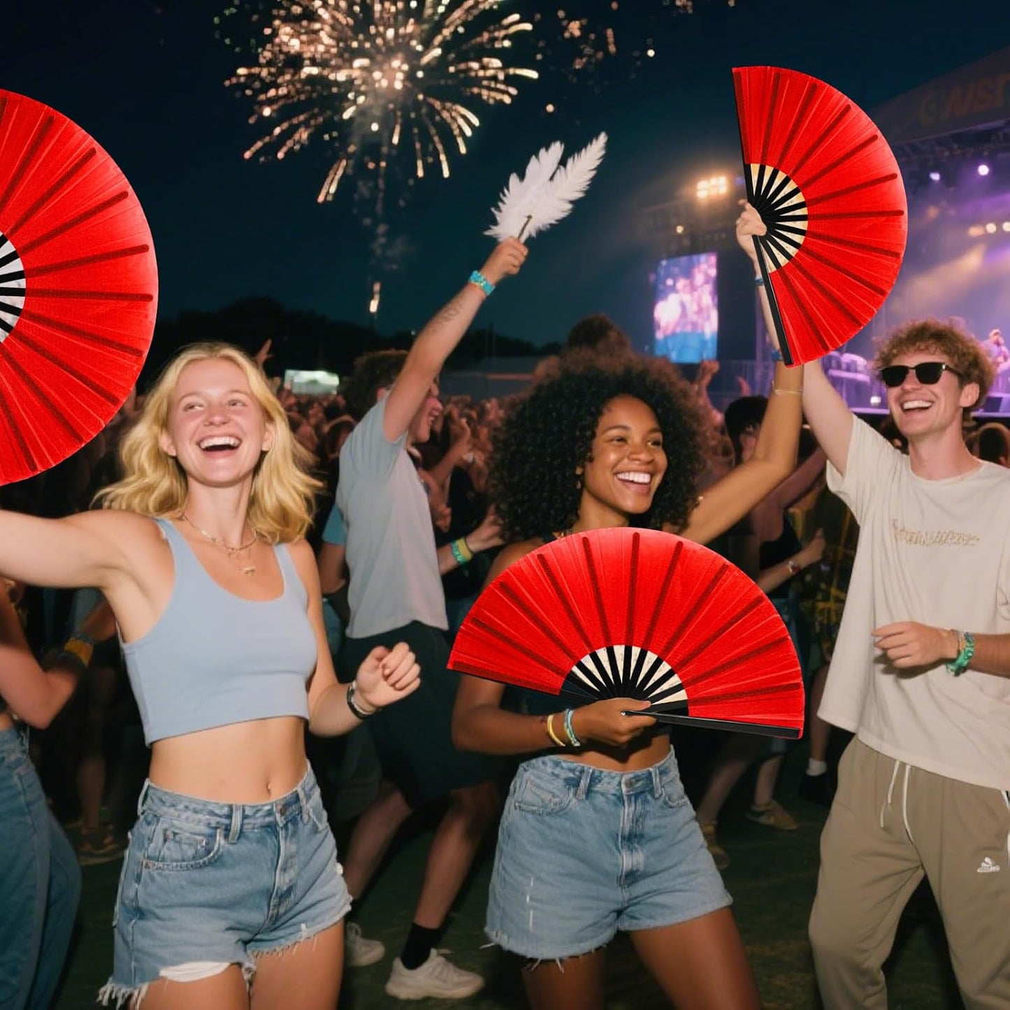 13inch Large Rave Fan Popping Clacking Fans for Line Dancing,Hand Fans for Women Foldable,Boots on The Ground Fan,Portable for Outdoor,Wedding,Party,Decoration (2pcs red)