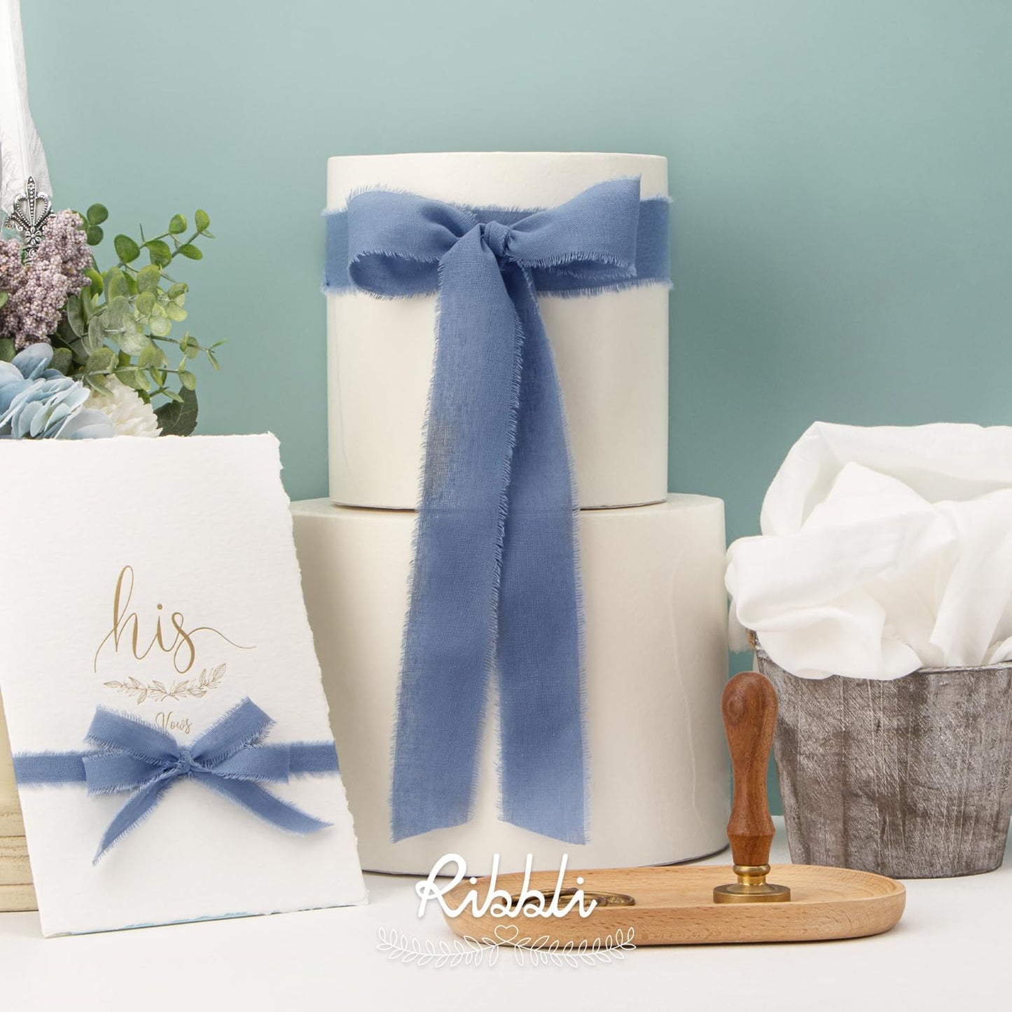 Ribbli 3 Rolls Dusty Blue Ribbon 1.5 Inch x 18Yards Handmade Cotton Frayed Fringe Ribbons for Gift Wrapping Wedding Invites Bridal Bouquets Baby Shower DIY Crafts Home Decor