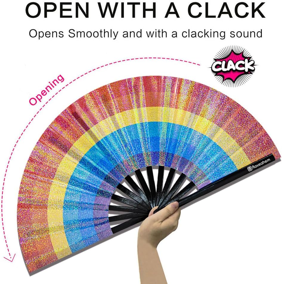 Large Rave Fan, Clack Folding Hand Fan with Premium Fabric, Thick Bamboo Frame for Men Women Gift for EDM, Festival, Club, Party, Dance, Decoration (Lridescent Rainbow, 13")