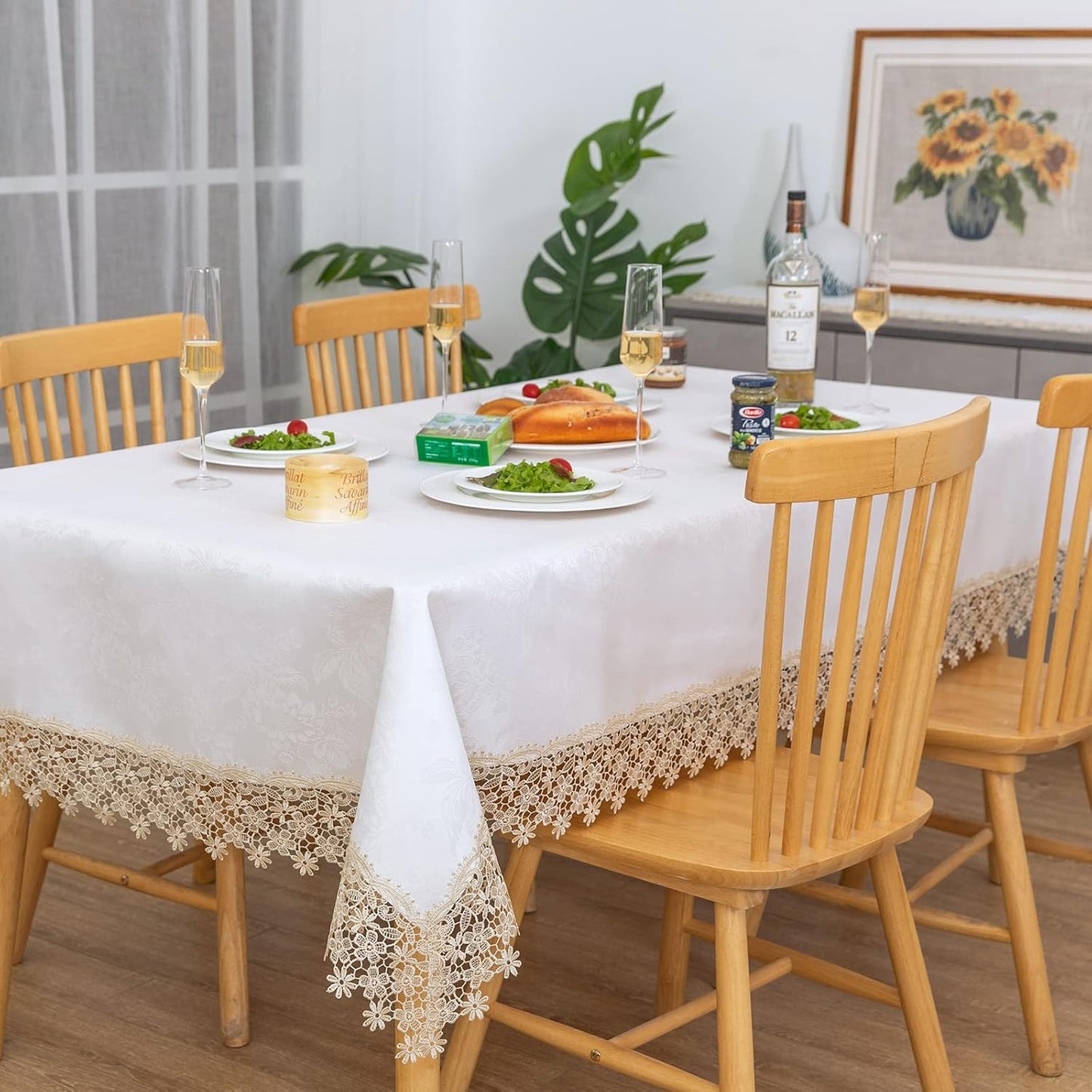 Beige lace Premium Rectangle Farmhouse Tablecloth Waterproof OilProof SpillProof AntiShrink Soft Wrinkle Resistant Decorative Fabric Table Cover Kitchen Dinning Party Wedding Banquet