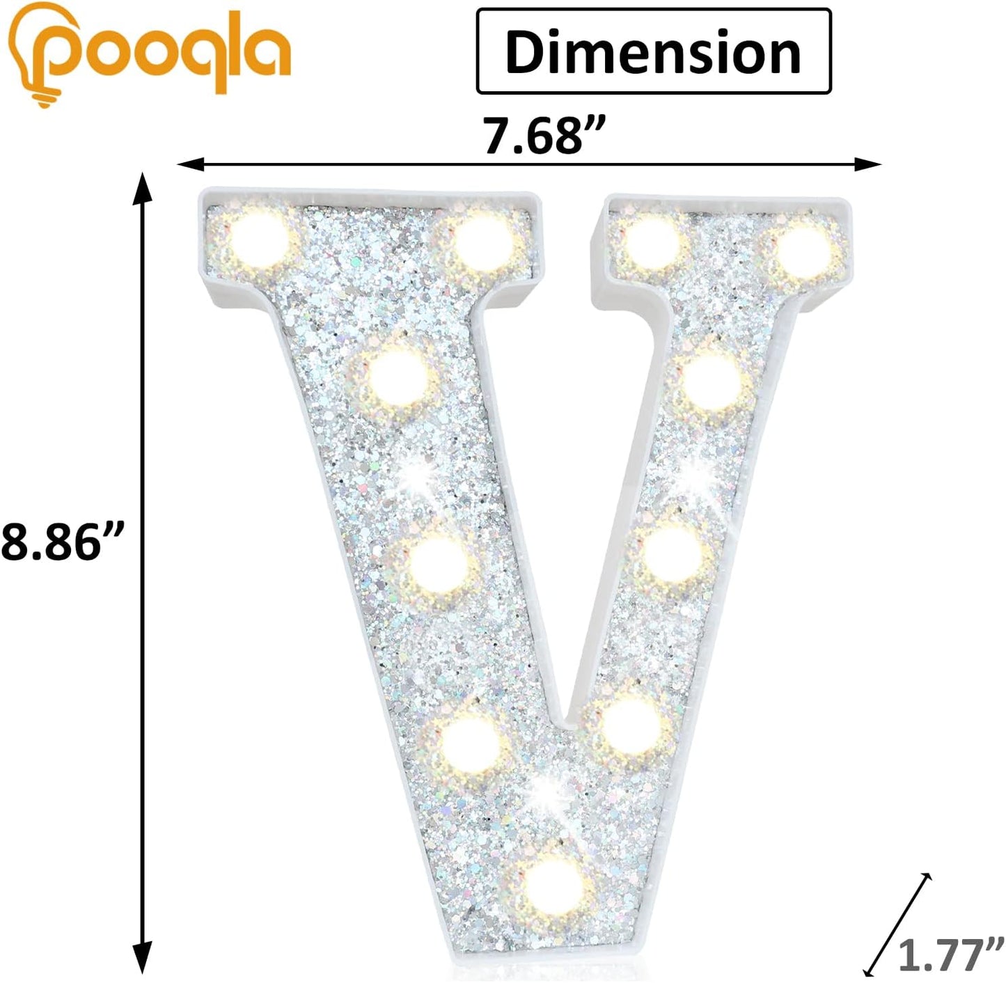 Pooqla Light Up Letters, LED Marquee Letters for Silver Birthday Decorations, Battery Powered Night Light Teenager Girl Room Decor, Gift for Girls Boys Wedding Bedroom Christmas Party Decor, Letter V