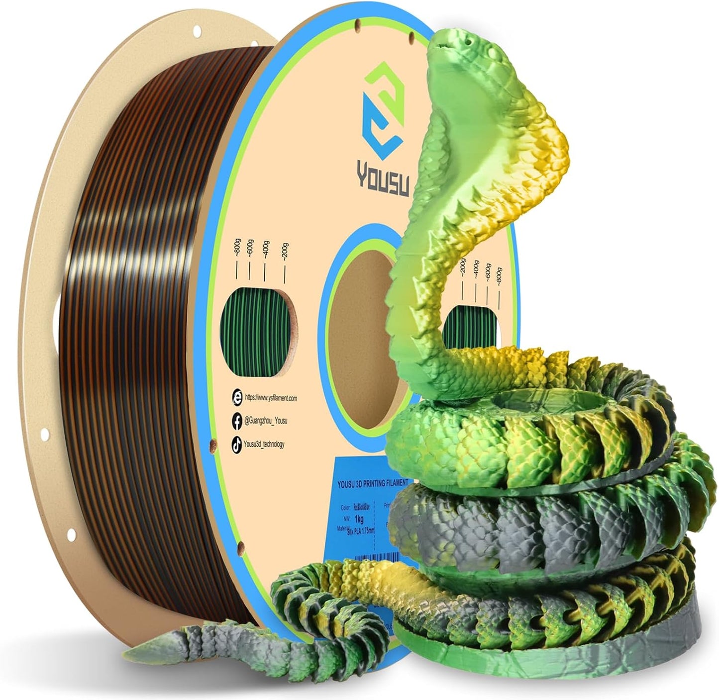 YOUSU Silk PLA 3D Printer Filament, Tri-Color Coextrusion PLA Filament 1.75mm,Shiny Silk Coextruded PLA,Silk Gold-Green-Black Three-Color Filament,1kg/2.2lbs