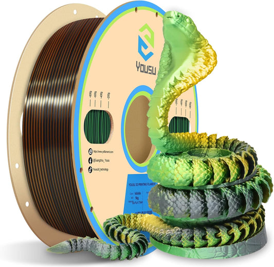 YOUSU Silk PLA 3D Printer Filament, Tri-Color Coextrusion PLA Filament 1.75mm,Shiny Silk Coextruded PLA,Silk Gold-Green-Black Three-Color Filament,1kg/2.2lbs