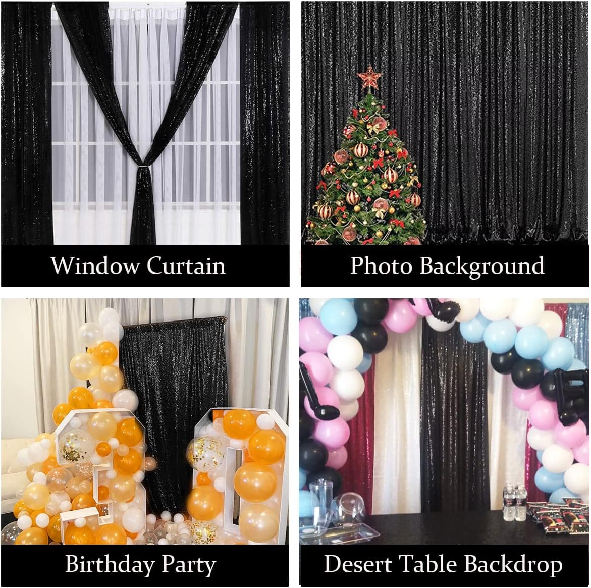 4FTx8FT Black Sequin Backdrop Curtains 2 Panels Sparkly Backdrop Drapes for Halloween Christmas Parties, Baby Showers,Birthday
