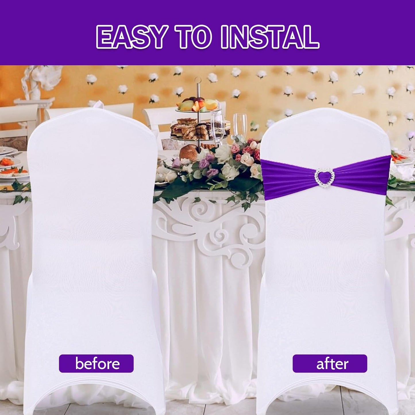 Howhic Pack of 30 Spandex Chair Sashes Bows Stretch Chair Cover Band with Buckle Slider Universal Elastic Chair Ties for Wedding Banquet Party Event Decoration (Purple)