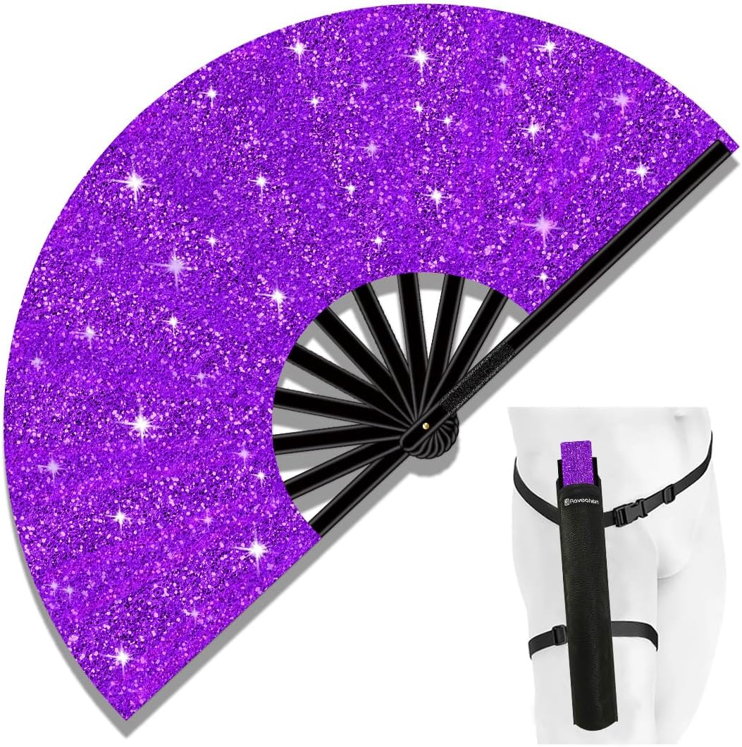 13" Large Folding Rave Fan with Holster, Clack Hand Fans Foldable for Line Dancing, Boots On The Ground Fan for Women Men Festival EDM Party Decoration, Glitter Purple