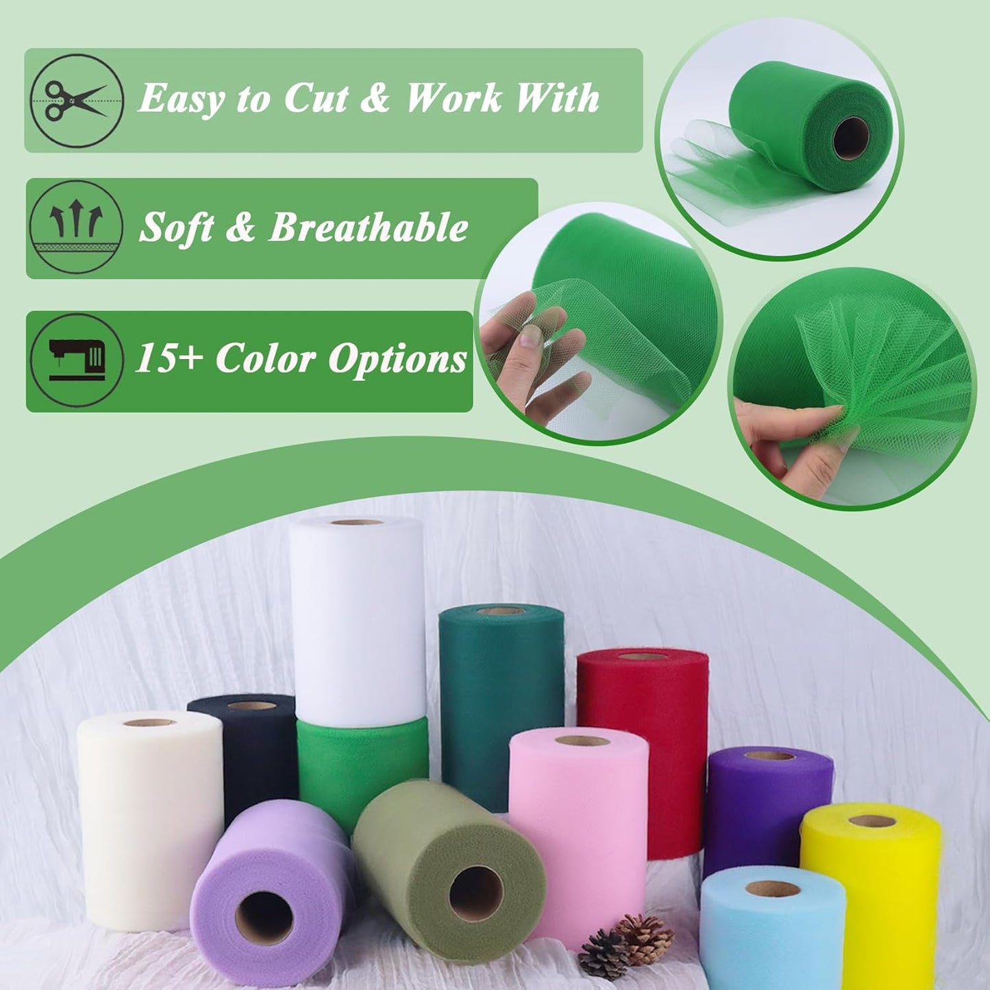 Classic Green Tulle Fabric Roll 6" by 100 Yards (300 ft) Soft Tulle Spool for DIY Crafting Favor Supplies, Tutus, Wedding, Party Decorations, Gift Wrapping
