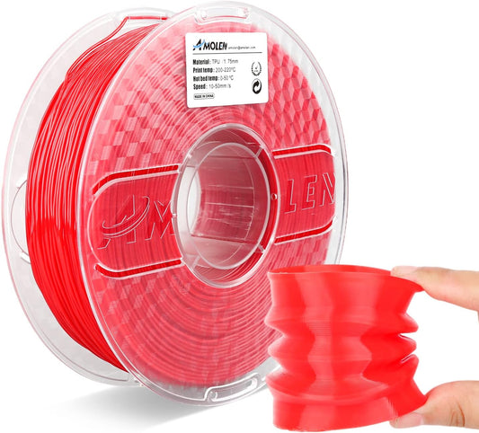 AMOLEN TPU 3D Printer Filament 1.75mm, Flexible Soft TPU 3D Printing Filament Supports High Speed, 1kg Spool(2.2lbs), Red
