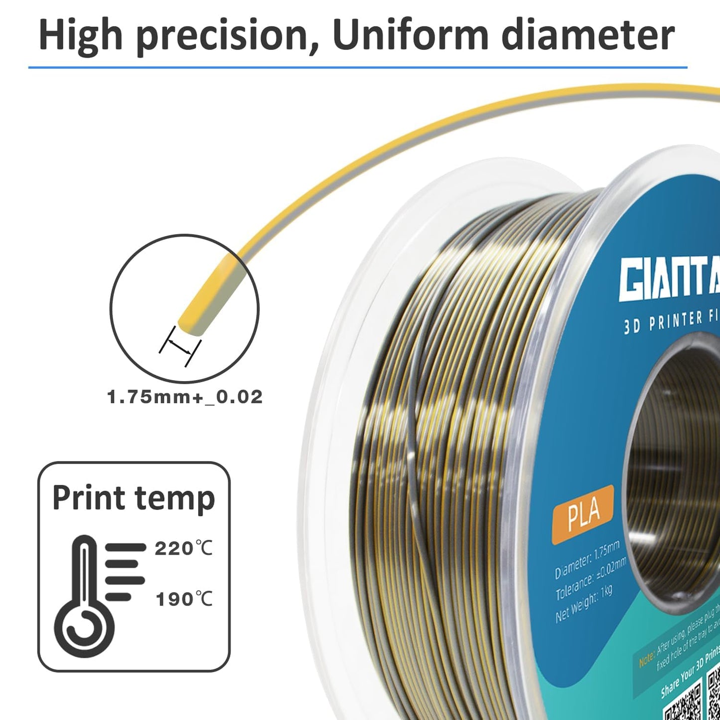 GIANTARM Dual Color PLA Filament, Silk PLA Filament 1.75mm +/-0.02mm,1KG Spool(2.2lbs) Vacuum Packaging, 3D Printing Filaments Fit Most FDM Printer