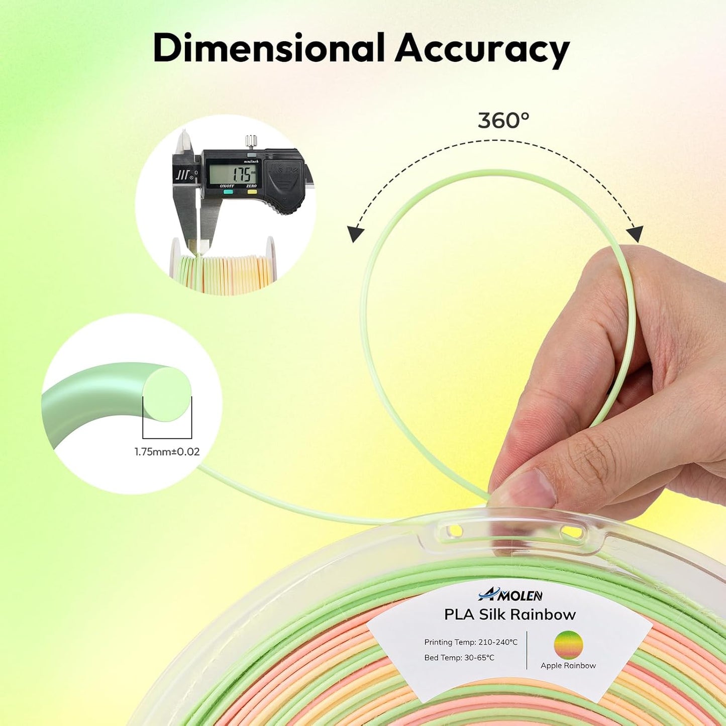 AMOLEN Silk PLA 3D Printer Filament, Shiny Multicolor Rainbow PLA Filament 1.75mm, Gradient Color Change PLA 3D Printing Filament for Most FDM 3D Printer, Red Green Yellow, 1kg (2.2lbs)