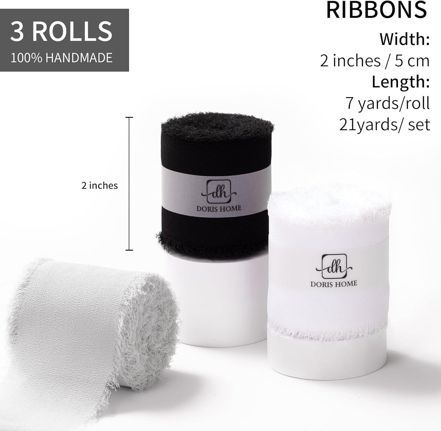 DORIS HOME 2" x21Yd Chiffon Ribbon for Flower Bouquet, Black & White Fabric Ribbon for Gift Wrapping, Handmade Frayed Ribbon for Wedding Christmas Decorations