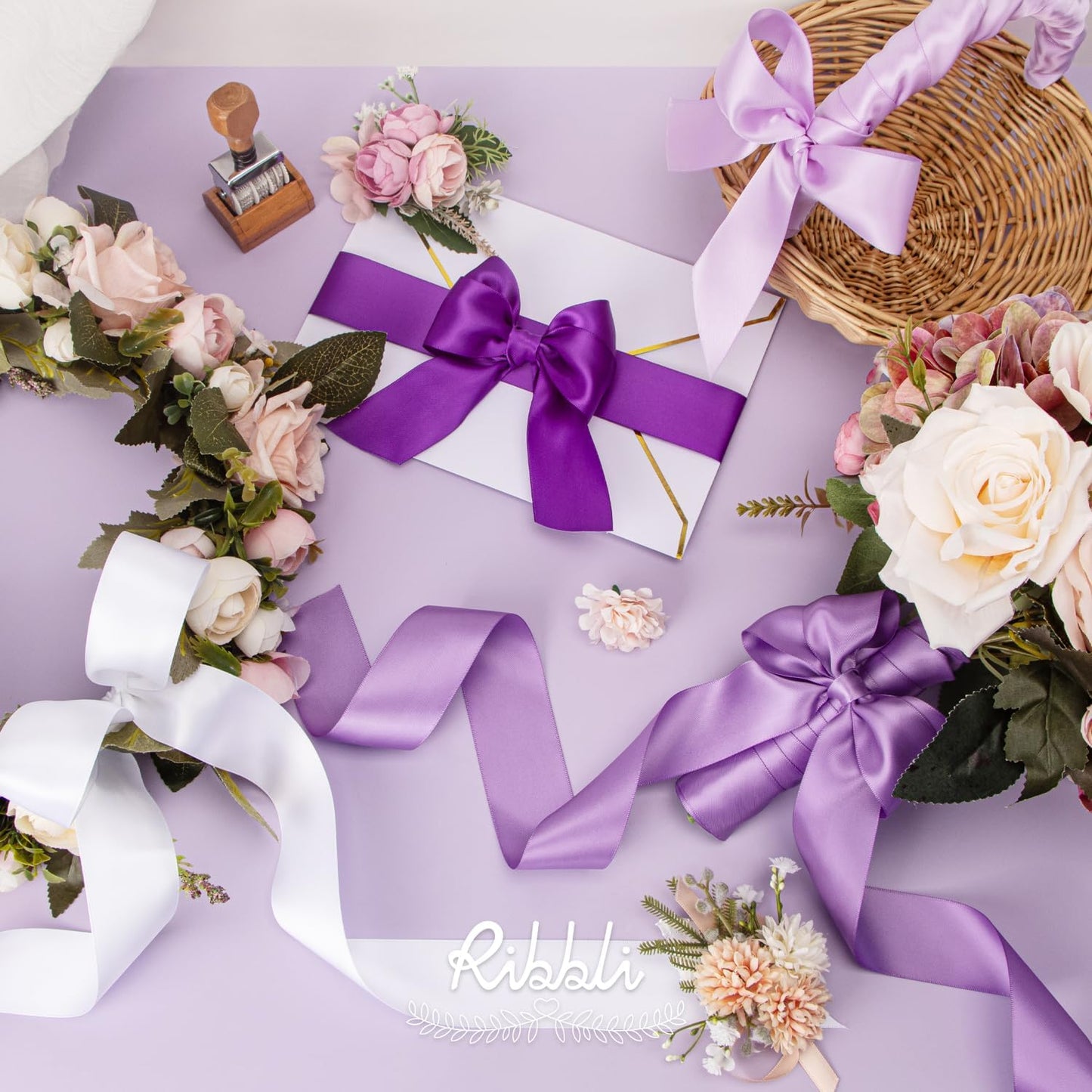 Ribbli Purple Satin Ribbon 1-1/2 Inch x 4 Rolls Total 40 Yards-White Lavender Purple Ribbon for Gift Wrapping Craft Wedding Decoration