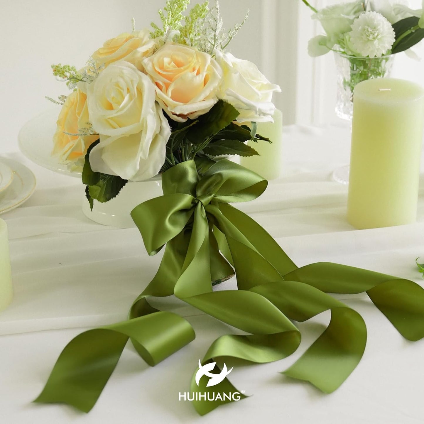 HUIHUANG Olive Green Polyester Satin Ribbon 1.5 inch x 50 Yards for Gift Wrapping, Bows, Flower Bouquet, Wedding, Christmas, Crafts