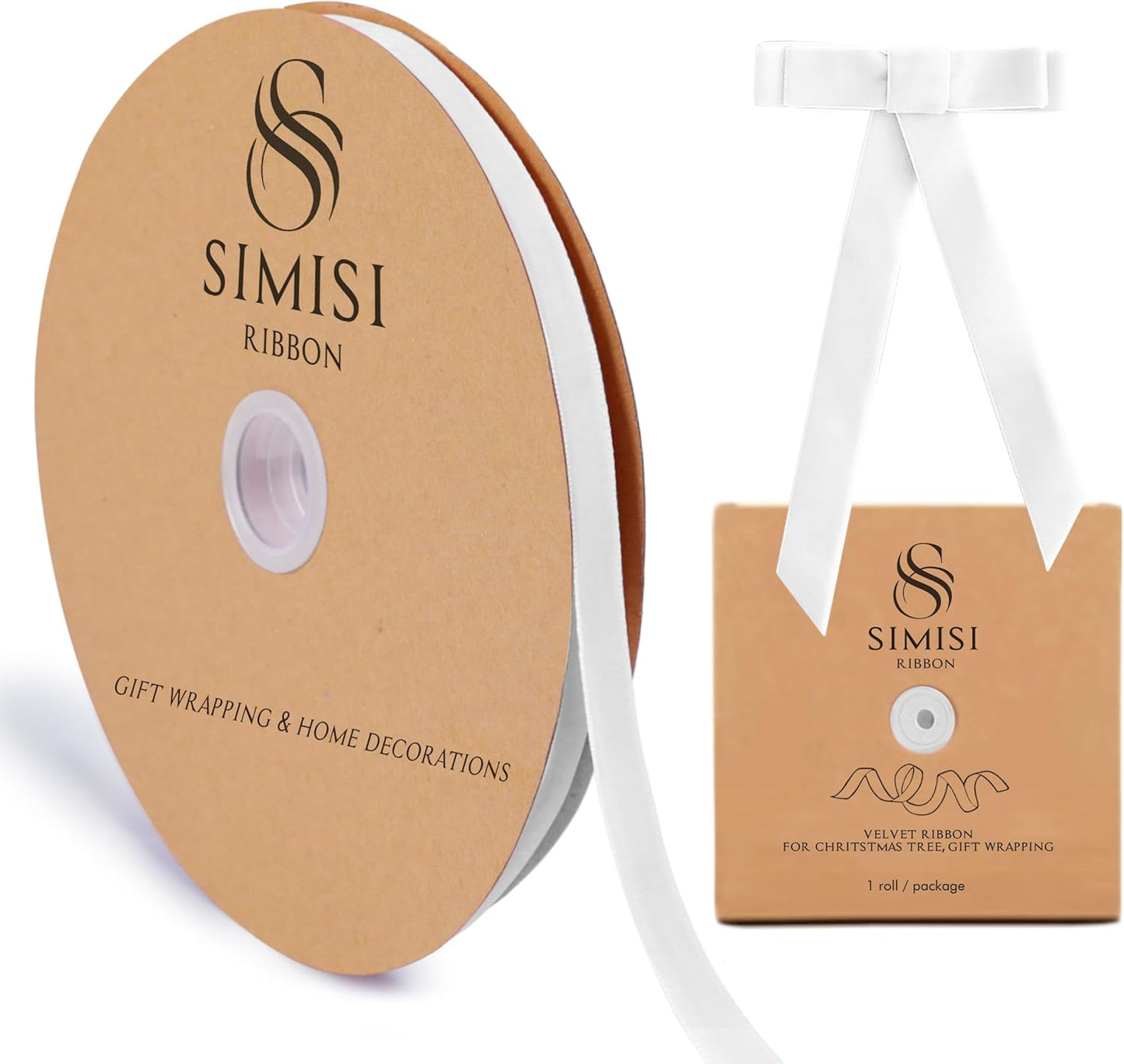 White Velvet Ribbon 3/8'' 25 Yards for Christmas Tree, Gift Wrapping, Flower Bouquet, Wreath Decorations, Bow Making