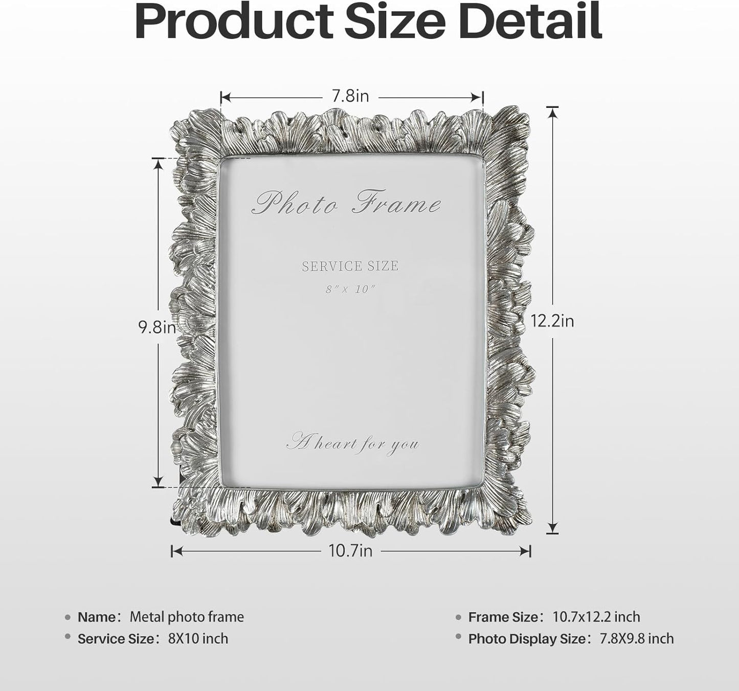 Cuspin 8x10 Picture Frame Silver, Vintage Silver Palm Leaves Textured Hand-Crafted Resin with Glass Front, Elegant Retro Design Photo Frame for Wall and Tabletop Display Home Decor