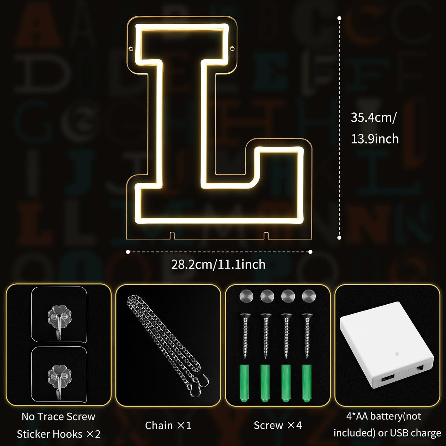 Light Up Letters L, Led Marquee Letter Lights Neon Sign, 13.9" Height Decorative Lighted Alphabet Number, Battery/USB Powered Led Letters Lights for Wedding, Birthday, Party, Christmas or Home Decor