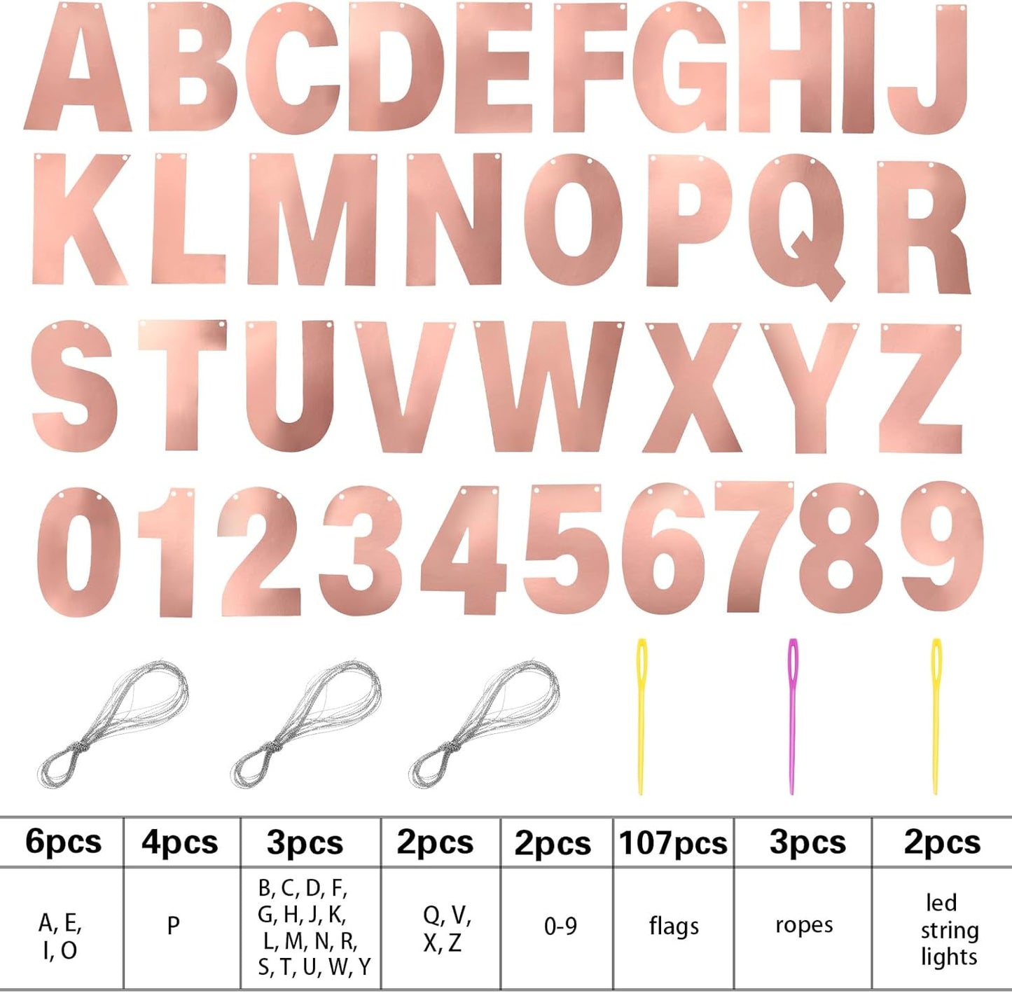 TaoBary 112 Pcs DIY Letter Kit Glitter Customizable Banner Letters Include 107 Letters and Numbers 3 Rope and 2 Needles for Birthday Halloween Christmas Wedding Valentine Party Decor(Bright Rose Gold)