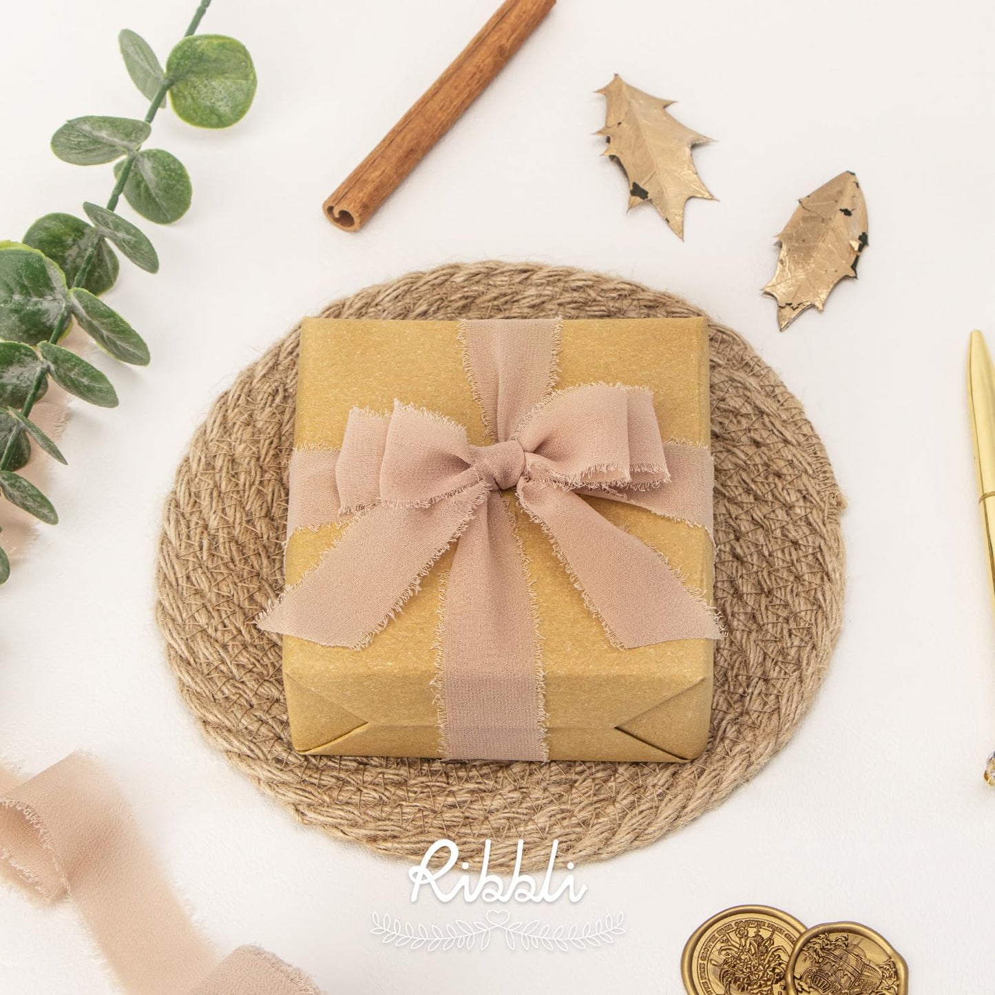 Ribbli Beige Ribbon 1 Inch x 3 Rolls Total 24 Yards Natural Handmade Fringe Chiffon Silk Ribbon for Wrapping Wedding Invitations Bridal Bouquets DIY Crafts Home Decor