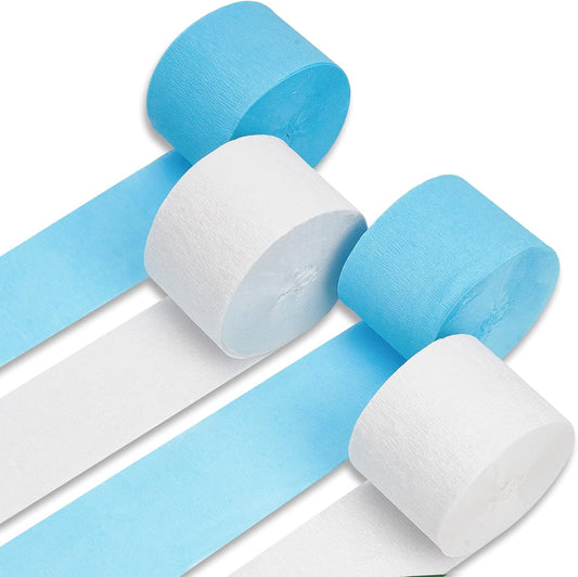 PartyWoo White and Blue Crepe Paper Streamers 4pcs 328ft Pack of Light Blue Pearl White Crepe Paper Streamers for Birthday Gender Reveal Baby Shower Graduation Pool Under The Sea Party Decorations