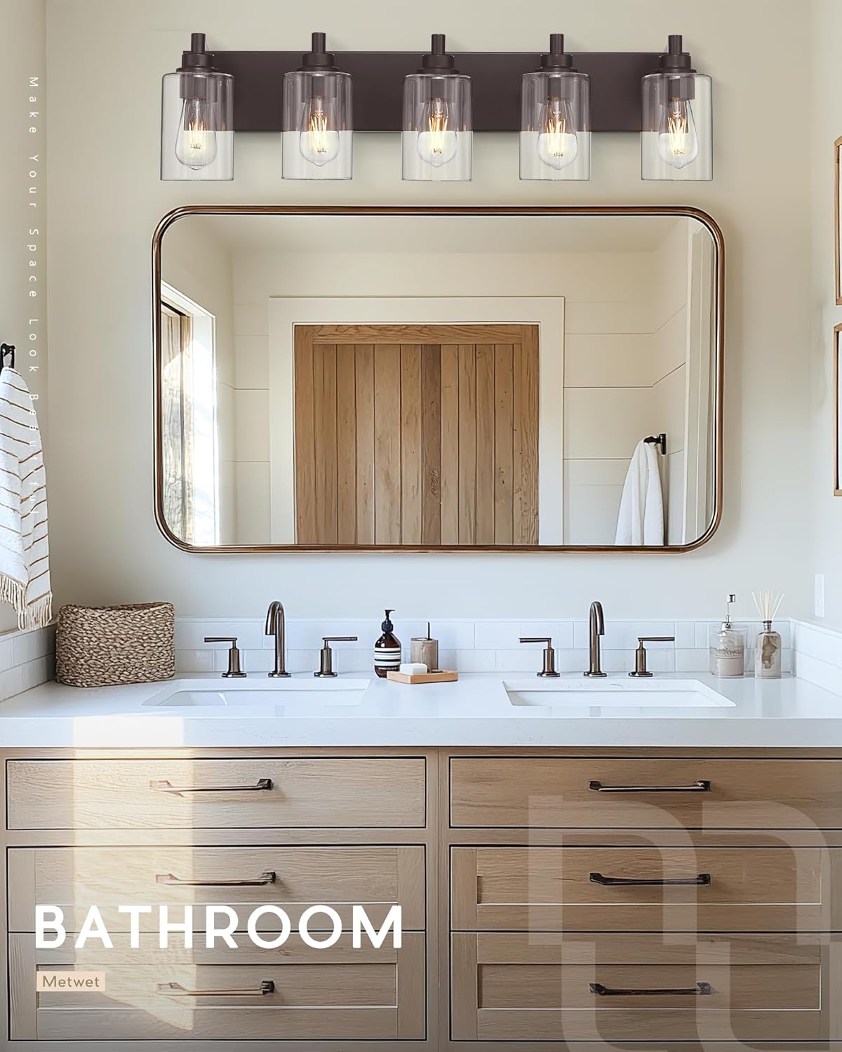 5-Light Bathroom Light Fixtures, 30 Inch Oil Rubbed Bronze Vanity Lights with Cylinder Clear Glass Shade, Modern Vanity Lighting Fixtures Over Mirror, VL143-ORB-5