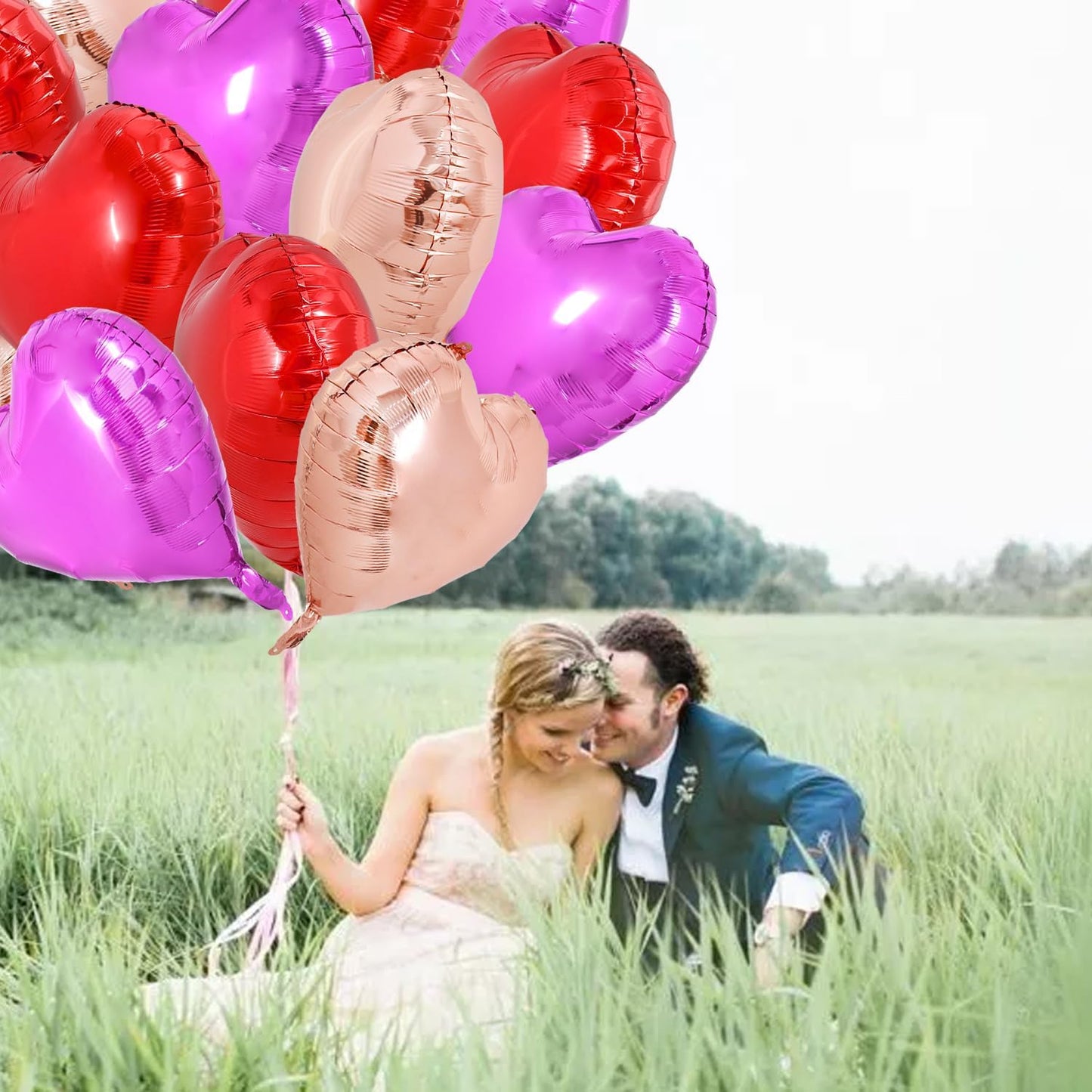 TONIFUL 30Pcs 18 Inch Heart Balloons Red Hot Pink Rose Gold Valentine’s Day Heart Shape Foil Mylar Balloons Decoration for Valentine's Day Wedding Bridal Shower Anniversary Engagement Party Supplies