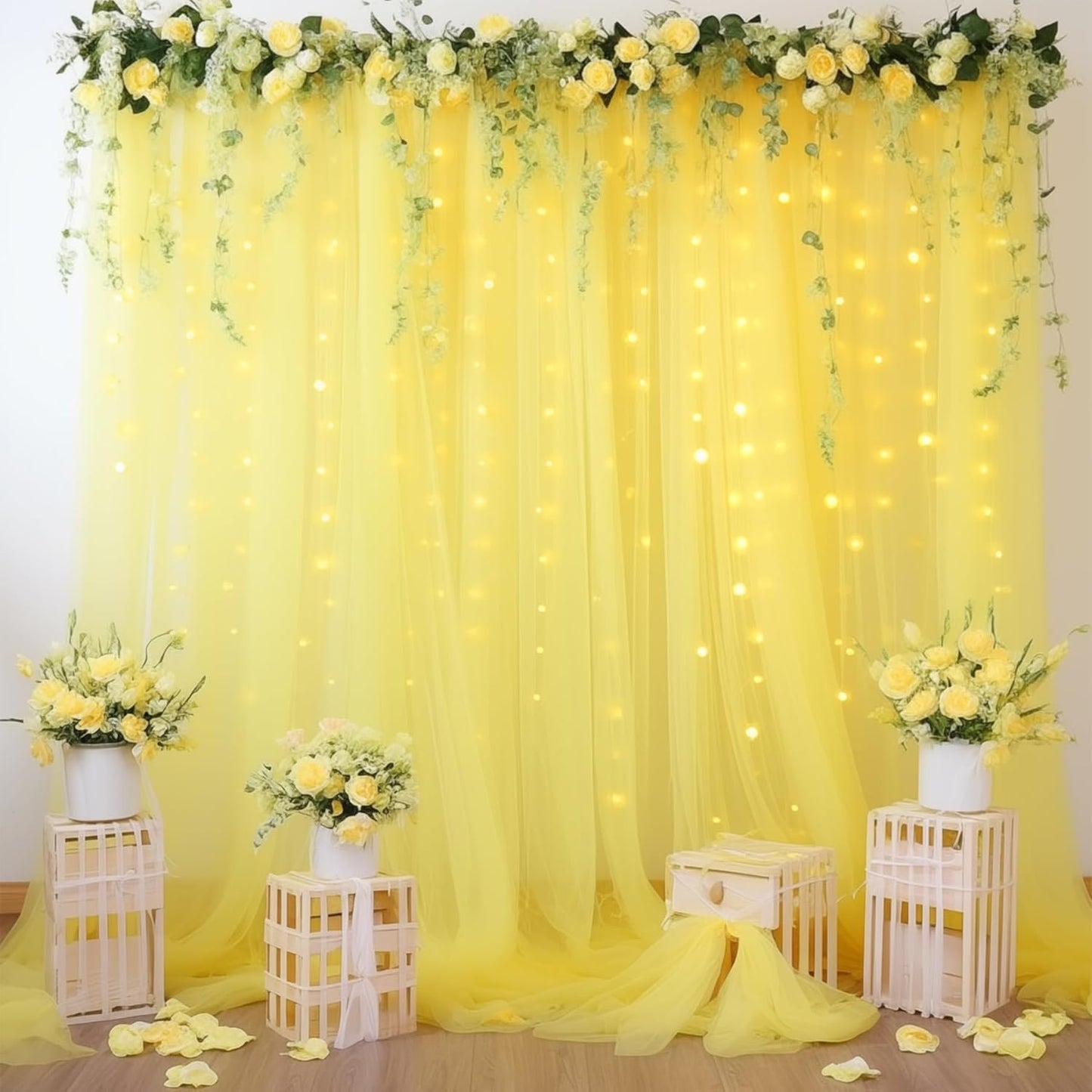 20×10ft Yellow Tulle Backdrop Curtain with Lights String for Parties, Sheer Photo Backdrop Curtains for Wedding Party Photography Background