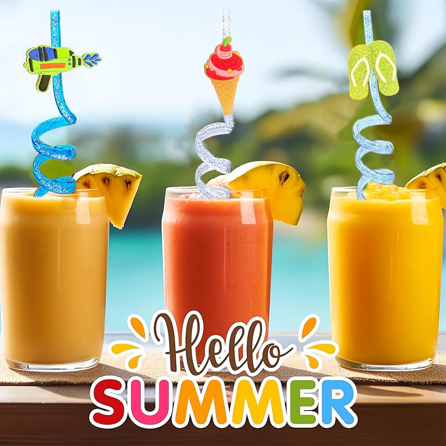 24 Beach Drinking Straws Beach Ball Pool Summer Birthday Party Supplies Decorations Glitter Pool Party Straws With 2 PCS Cleaning Brushes