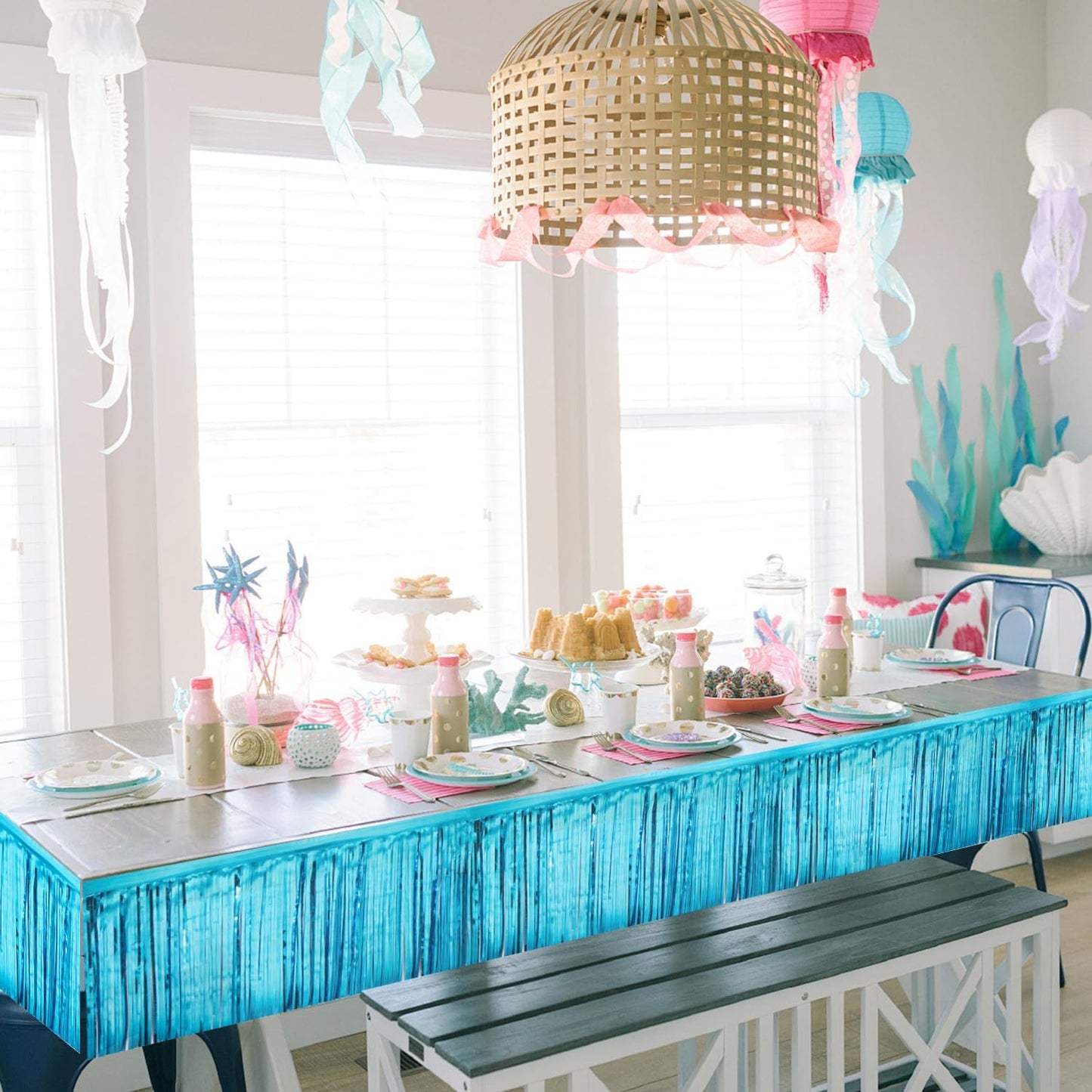 Light Blue Birthday Decorations Tinsel Garland Parade Float Decorations for Trailer 4Pack 12FT Under The Sea Party Decor Ceiling Fringe Banner Backdrop for Streamers Party Decorations