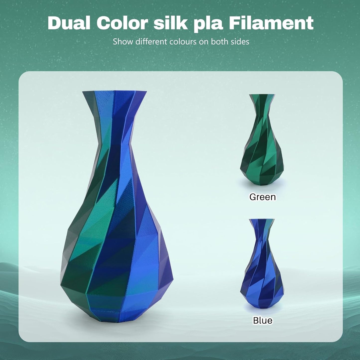 Silk PLA Filament 1.75mm Blue Green Dual Color PLA 3D Printer Filament 2 in 1 Coextrusion 1KG Spool(2.2lbs) 3D Printing Filament Dimensional Accuracy +/- 0.03mm Fits for Most FDM 3D Printers