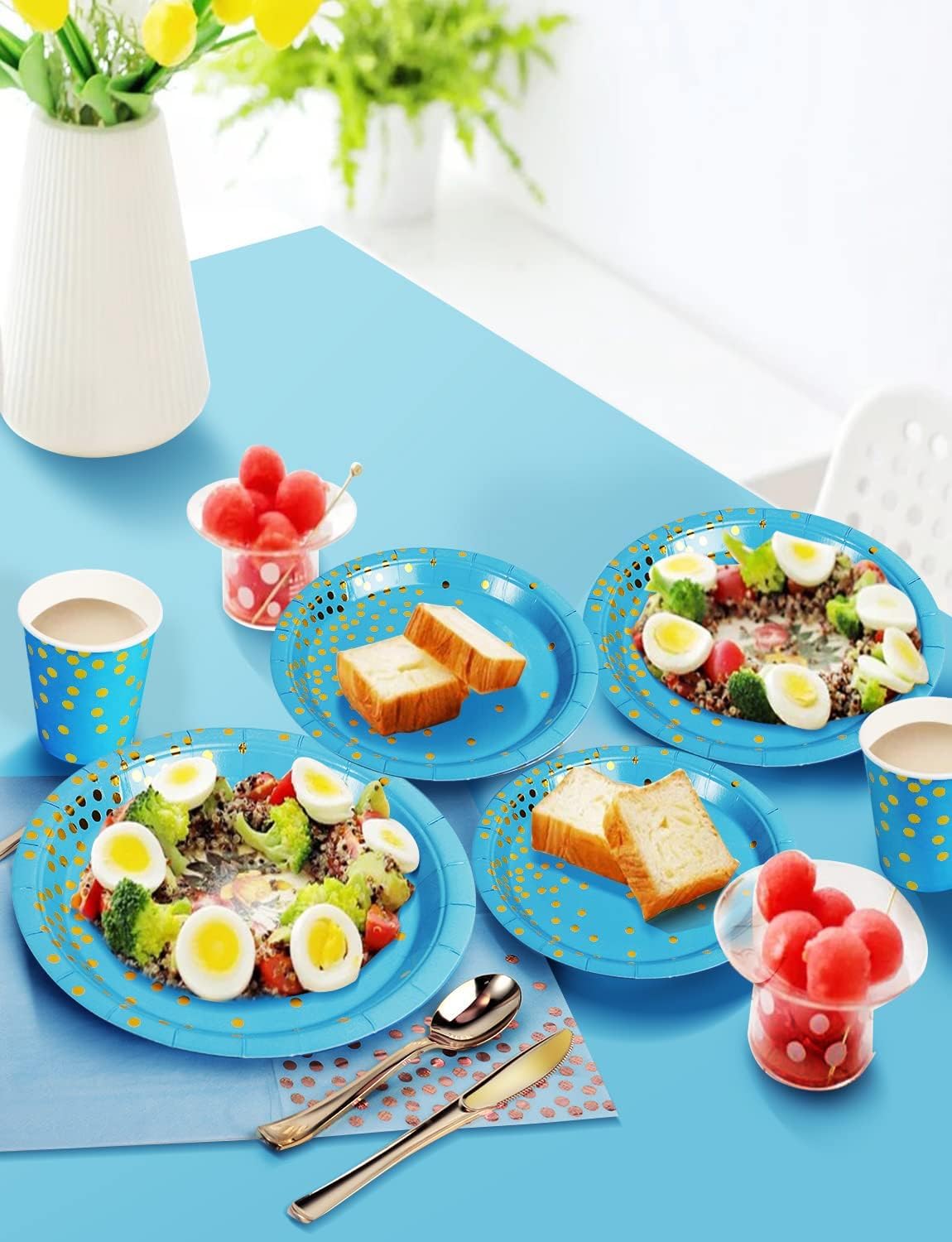 141 Pieces Sky Blue Gold Party Supplies, Party Dinnerware Sets Include Paper Plates Napkins Cups Silverware, for Wedding Bridal Shower Engagement Birthday Parties Decoration -20 Serves