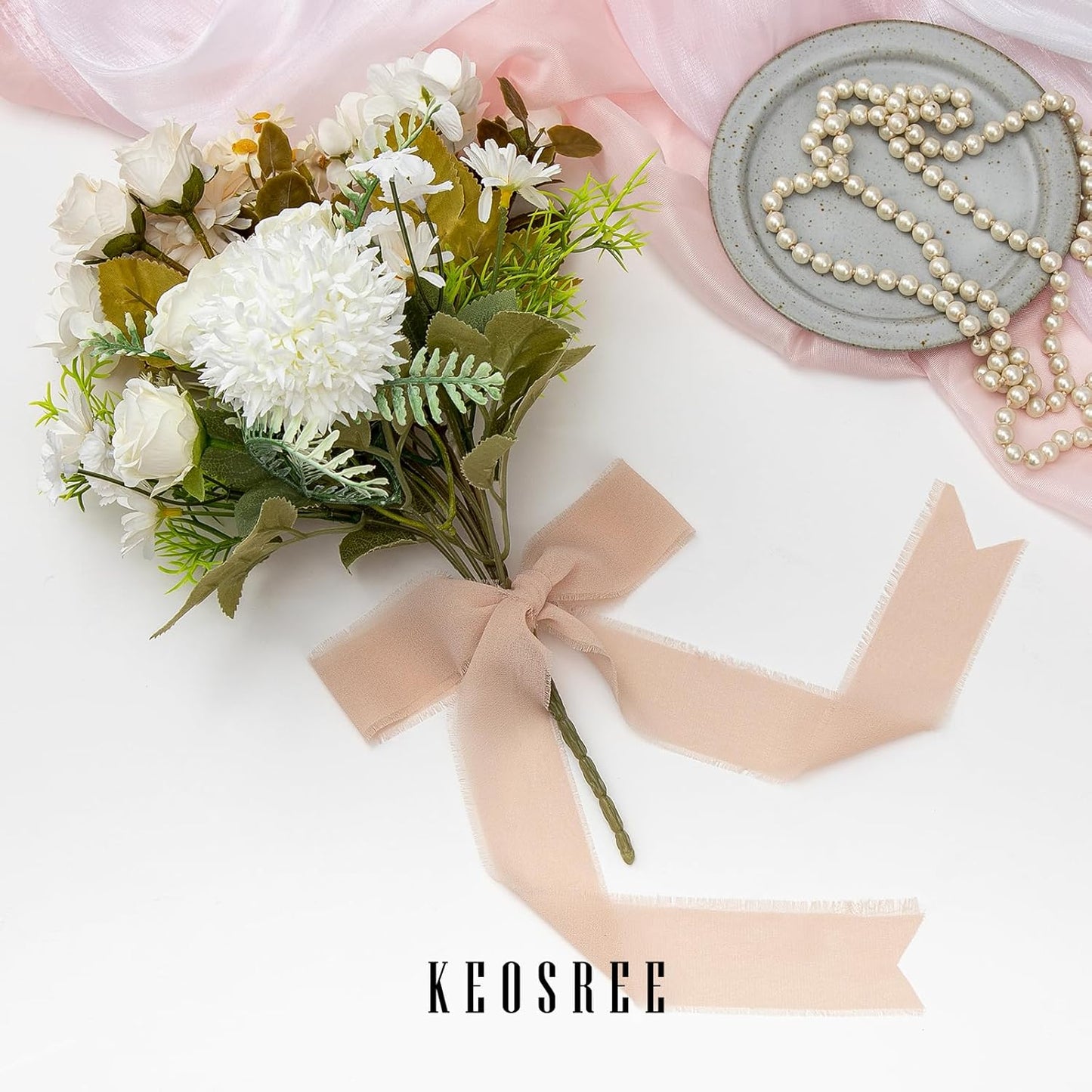 3 Rolls Nude & Cream White Handmade Chiffon Ribbon,1.5" x 21Yd Frayed Fringe Silk Ribbons (3 Rolls *7Yd) for Gifts Wrapping, Wedding Invitations, Bridal Bouquets, Decorations