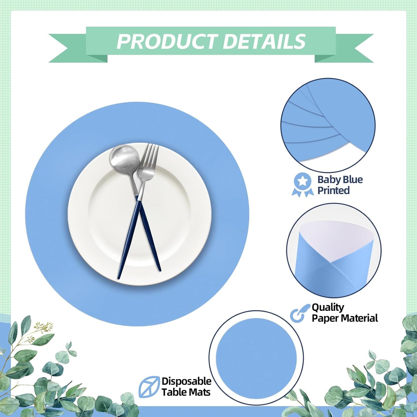 50 Pieces Baby Blue Paper Place Mats Round Disposable Table Mats Blue Paper Doilies Decorative Placemats for Wedding Banquet Party Home Dining Tableware Decor