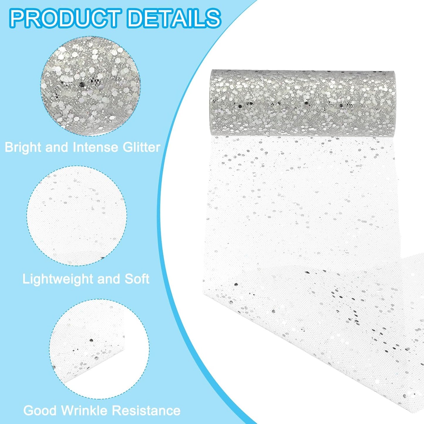 PATIKIL Tulle Fabric Rolls, 6 Inch by 10 Yards Fabric Spool Tulle Sparkling Ribbon Netting Sequin for DIY Tutu Skirts Crafts Wedding Party Decorations, Silver