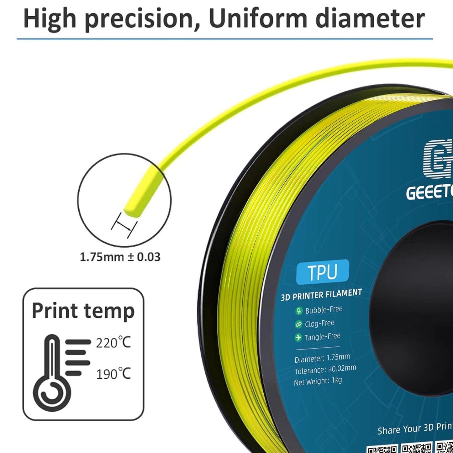 Geeetech TPU Filament 1.75mm, Shore 95A Flexible 3D Printer Filament with High Elasticity, 1KG (2.2lbs) Spool, Dimensional Accuracy ±0.03mm, Fits Most FDM Printers (Cleal Yellow)