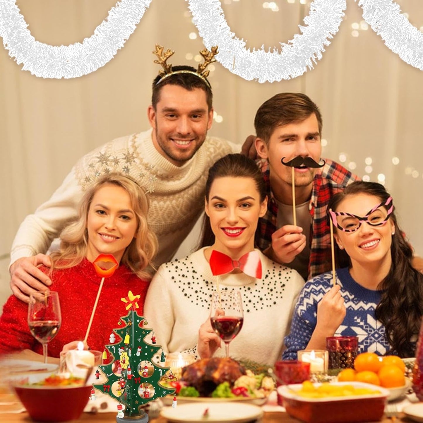 50 Feet Macaron White Christmas Tinsel Garland, Metallic Foil Twist Banner Wall Hanging Tinsel Streamers Backdrop for Parade Floats, Christmas, Mother's Day, Birthday Party Decorations(2in x 50ft)