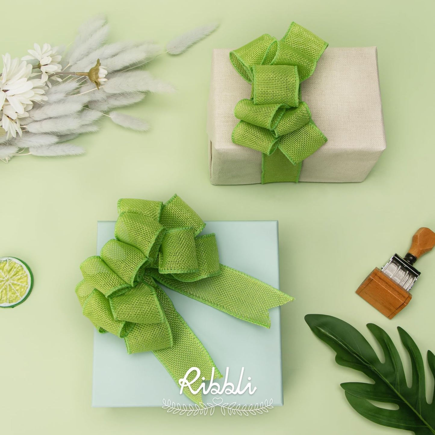 Ribbli Apple Green Burlap Wired Ribbon,1-1/2 Inch x 10 Yard, Wired Edge Ribbon for Big Bow,Wreath,Tree Decoration,Outdoor Decoration