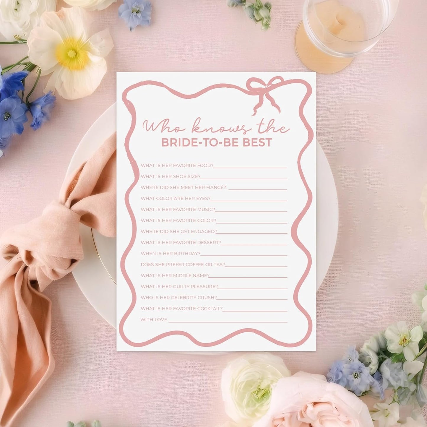 DEEKA 30 PCS Bridal Shower Games Card for 30 Guests White Pink Wavy Border Ribbon Bow Funny Wedding Bachelorette Party Games for Reception (Who Knows The Bride-to-be Best)