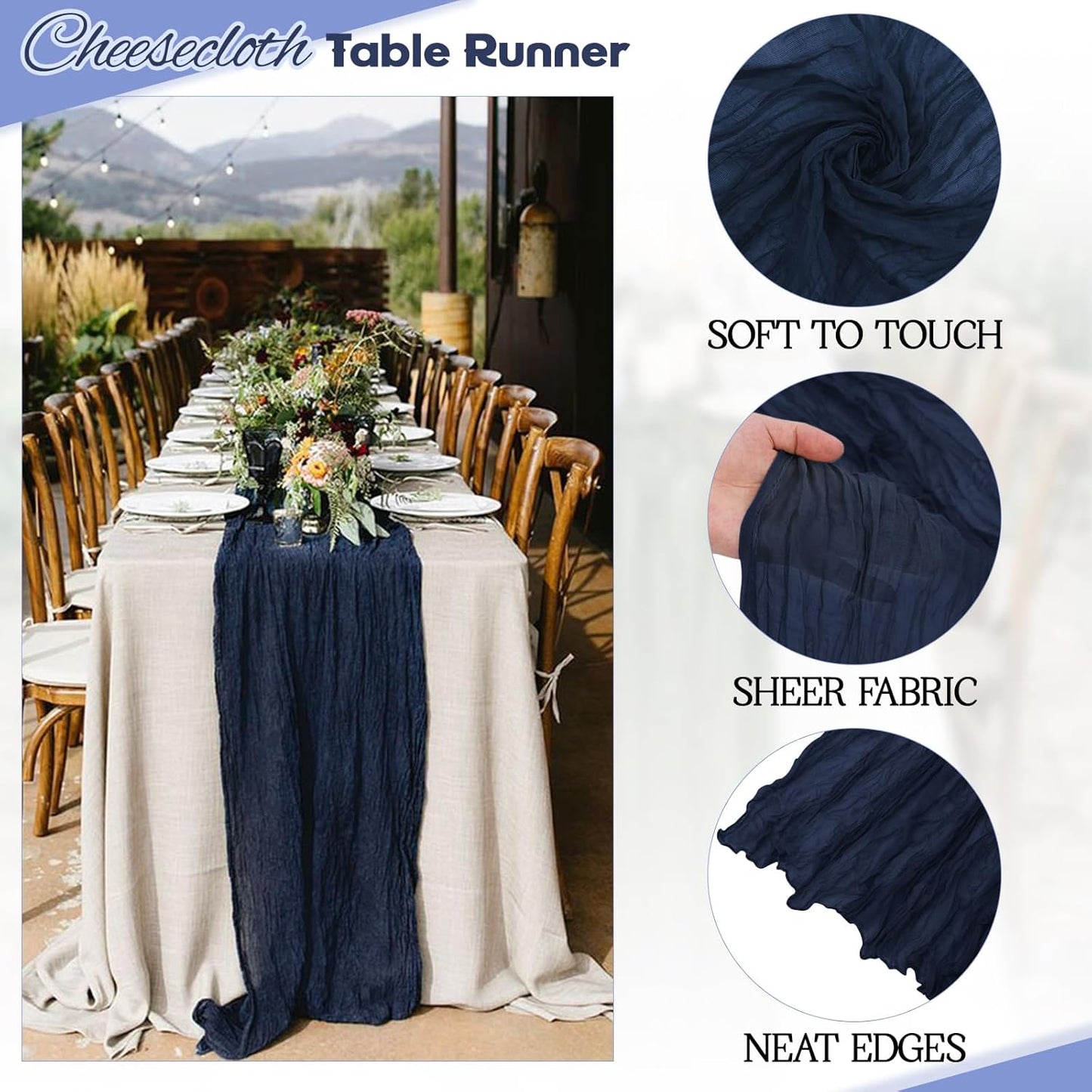 Aktor 12 Pack Navy Blue Table Runner Boho Cheesecloth Table Runner Semi Sheer Gauze Fabric Runners for Wedding Birthday Baby Shower Party Boho Table Decoration（Navy Blue）