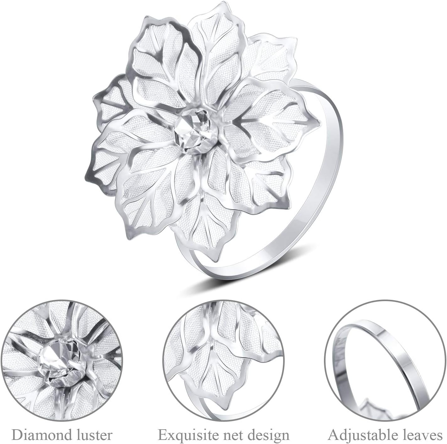 Hotop 12 Pcs Hollow Out Flower Napkin Rings Fall Napkin Ring Holder Metal Serviette Buckles Set for Dinner Thanksgiving Christmas Wedding Banquet Table Plates Decoration(Silver)
