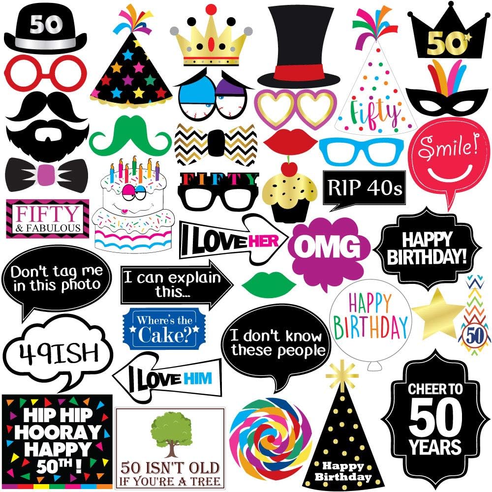 50th Birthday Photo Booth Party Props - 40 Pieces - Funny 50th Birthday Party Supplies, Decorations and Favors