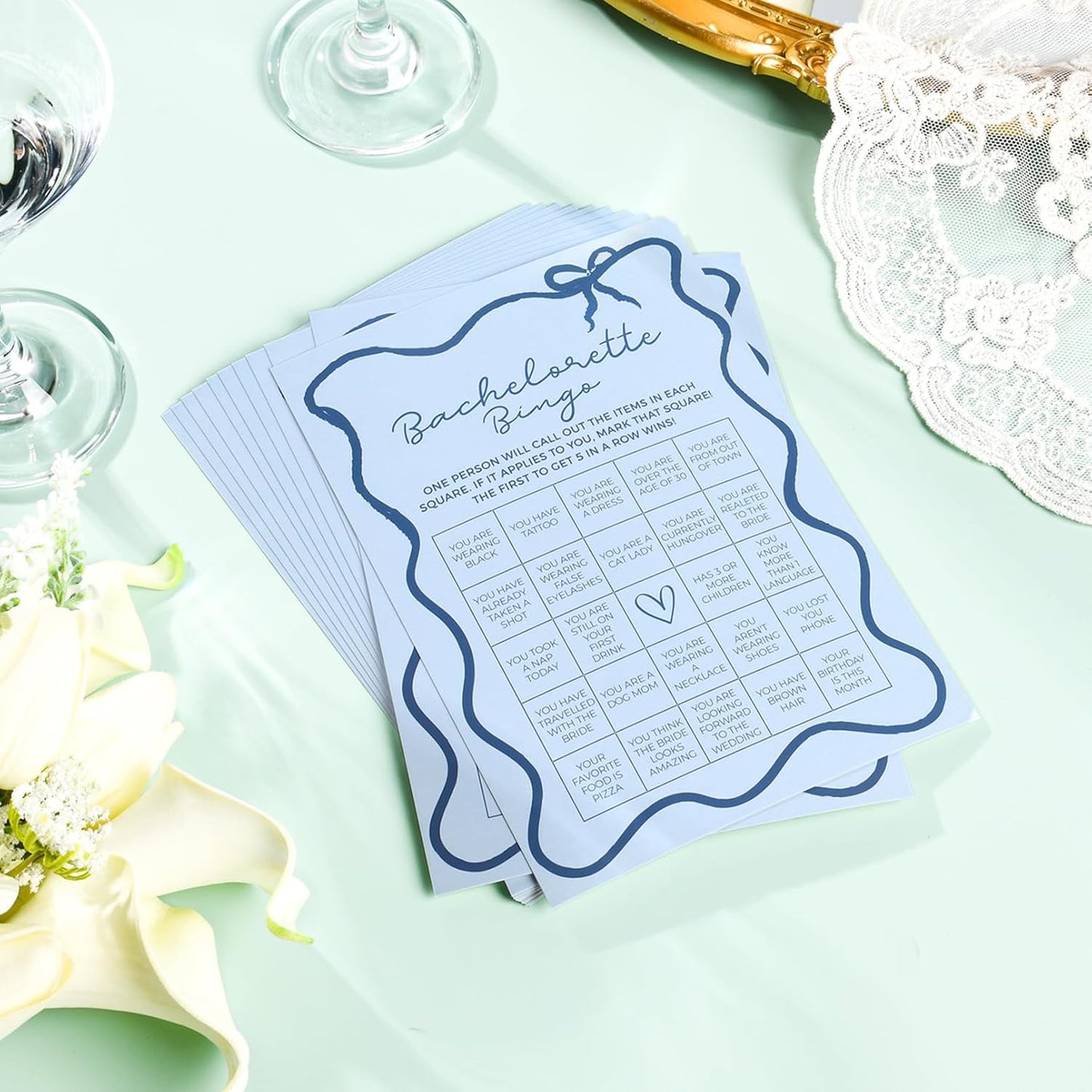 DEEKA 30 PCS Bridal Shower Games Card for 30 Guests Blue Wavy Border Ribbon Bow Funny Wedding Bachelorette Party Games for Reception (Bachelorette Bingo)