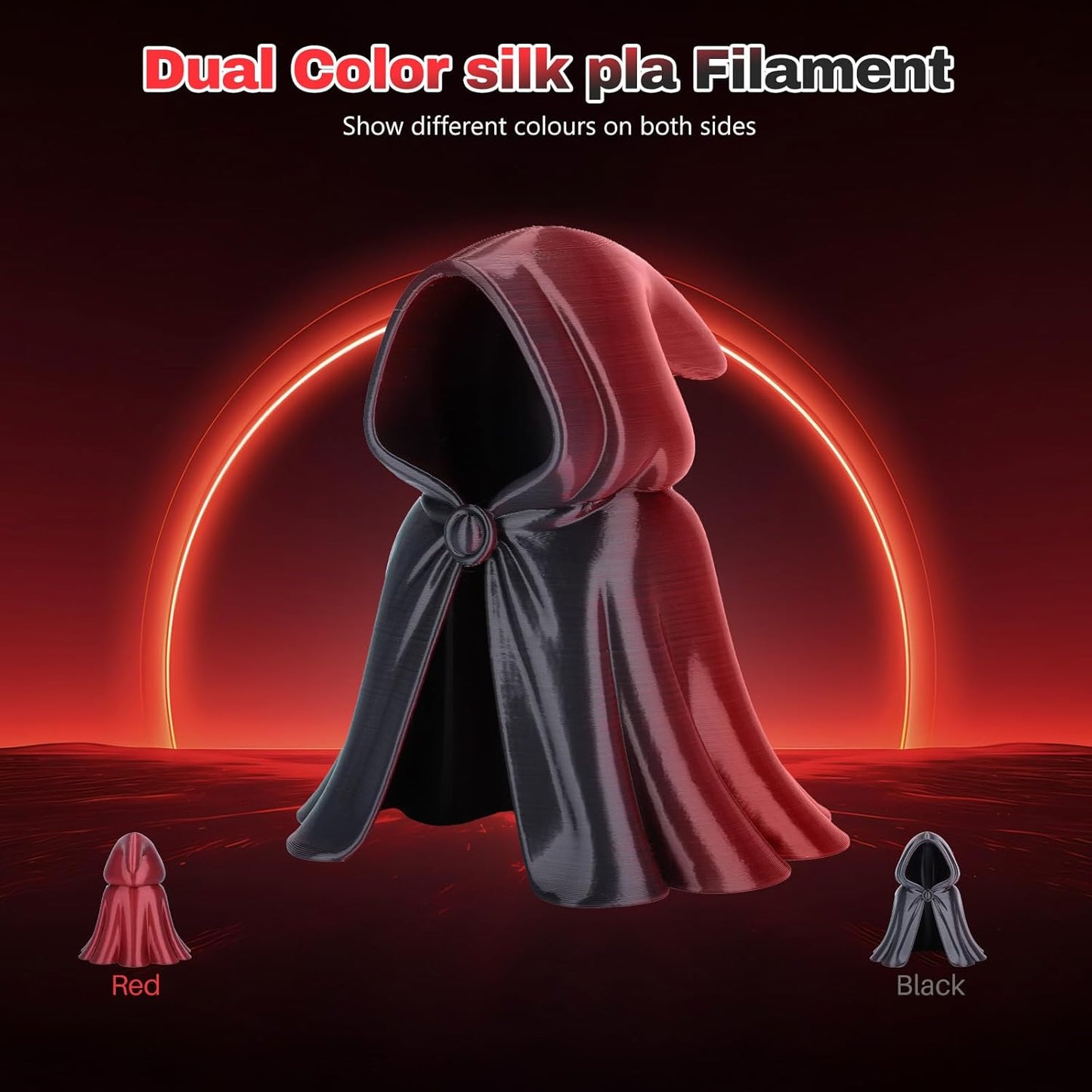 Silk PLA Filament 1.75mm Black Red Dual Color PLA 3D Printer Filament 2 in 1 Coextrusion 1KG Spool(2.2lbs) 3D Printing Filament Dimensional Accuracy +/- 0.03mm