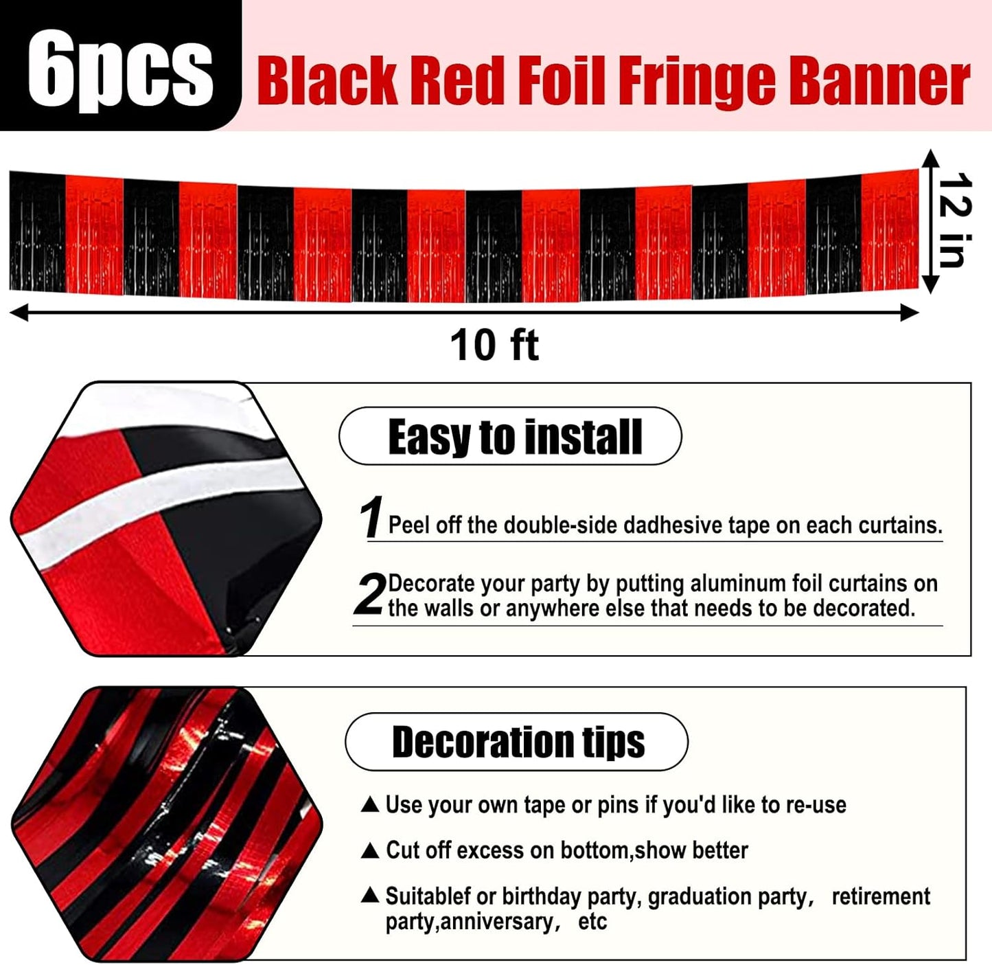 6 Pack 10 Feet Black Red Foil Fringe Garland Metallic Tinsel Streamers Banner Wall Hanging Curtain Backdrop for Parade Floats, Birthday, Graduate, Mother's Day, Wedding Party Decoration