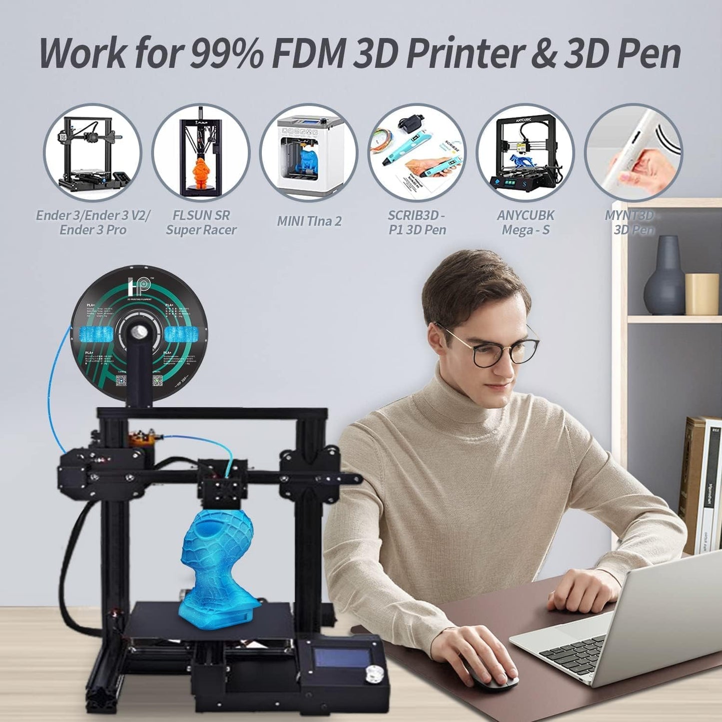 PLA Filament, Wood PLA, 3D Printer Filament, PLA Filament 1.75mm Dimensional Accuracy +/- 0.02mm, 1KG Spool (2.2 lbs), Fit Most FDM Printer (Wood)