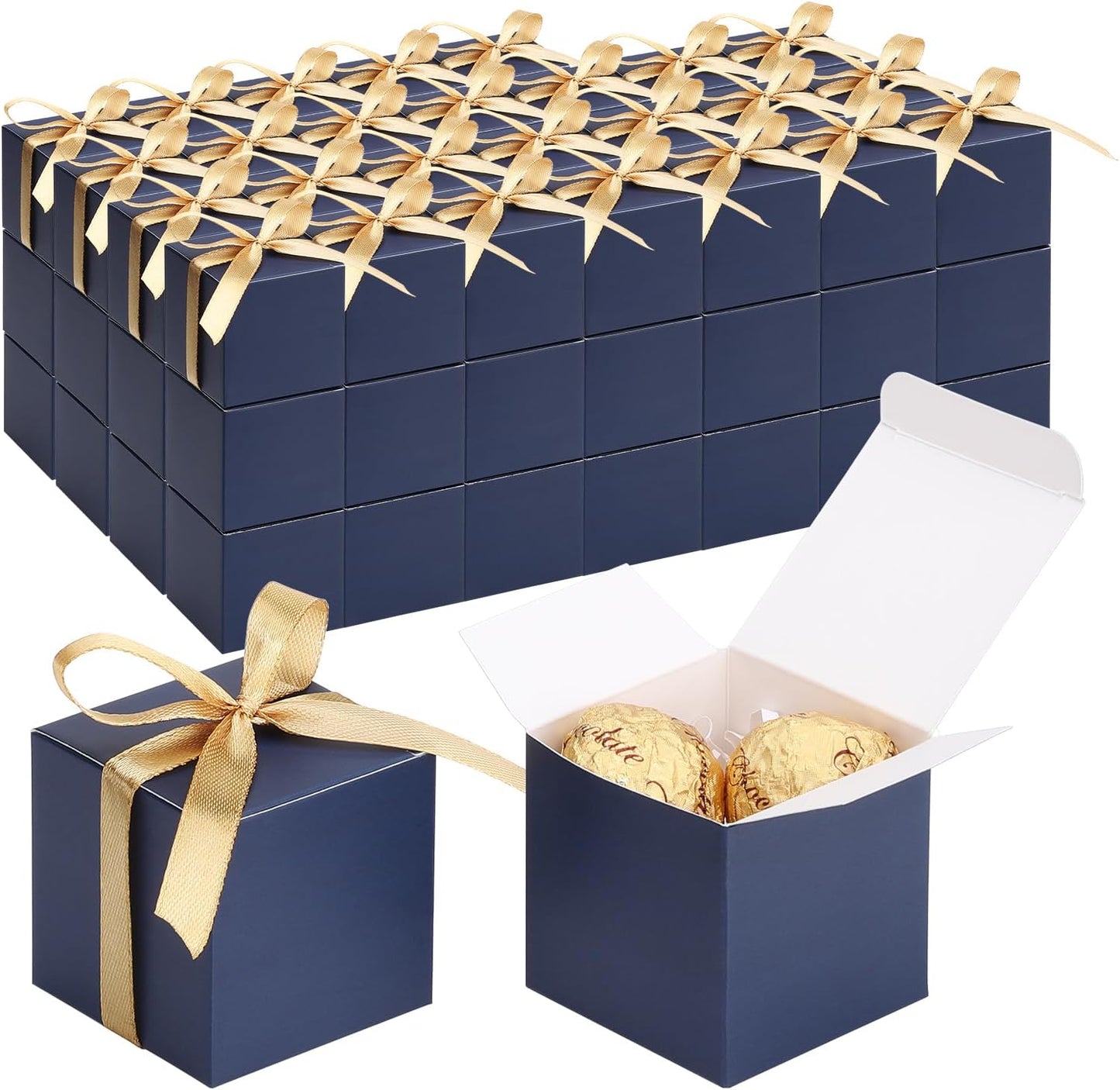 EUSOAR Favor Boxes, 120pcs 2x2x2 Inches Royal Blue Small Treat Boxes Mini Cookies Container with Gold Ribbon, Paper Cube Macaron Candy Box Soap Storage for Wedding Birthday Party DIY Supplies